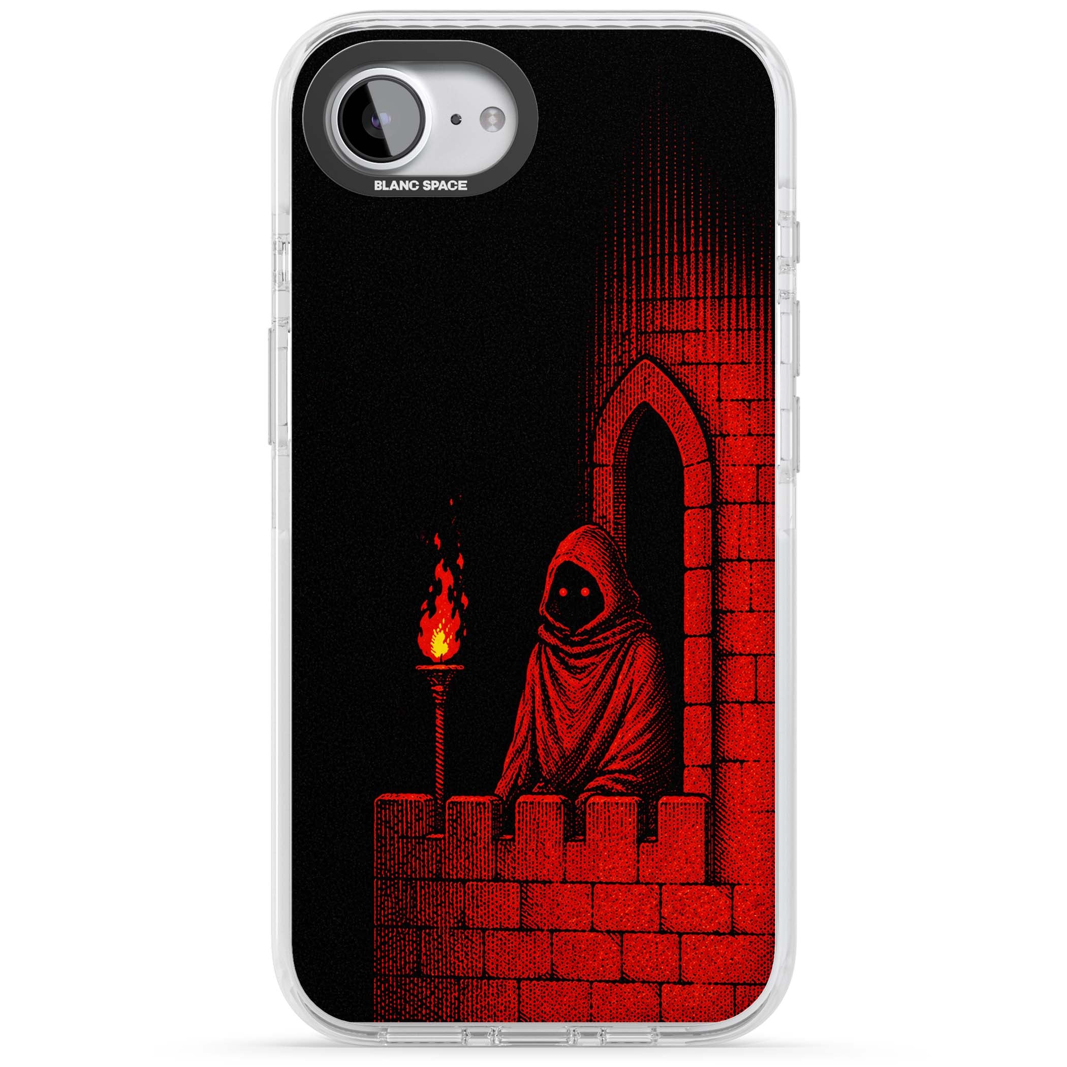 Crimson Crypt gothic iPhone case featuring a hooded reaper, torchlit crypt archway and red halftone horror art | Clear Impact case for iPhone 16e, iPhone 17e