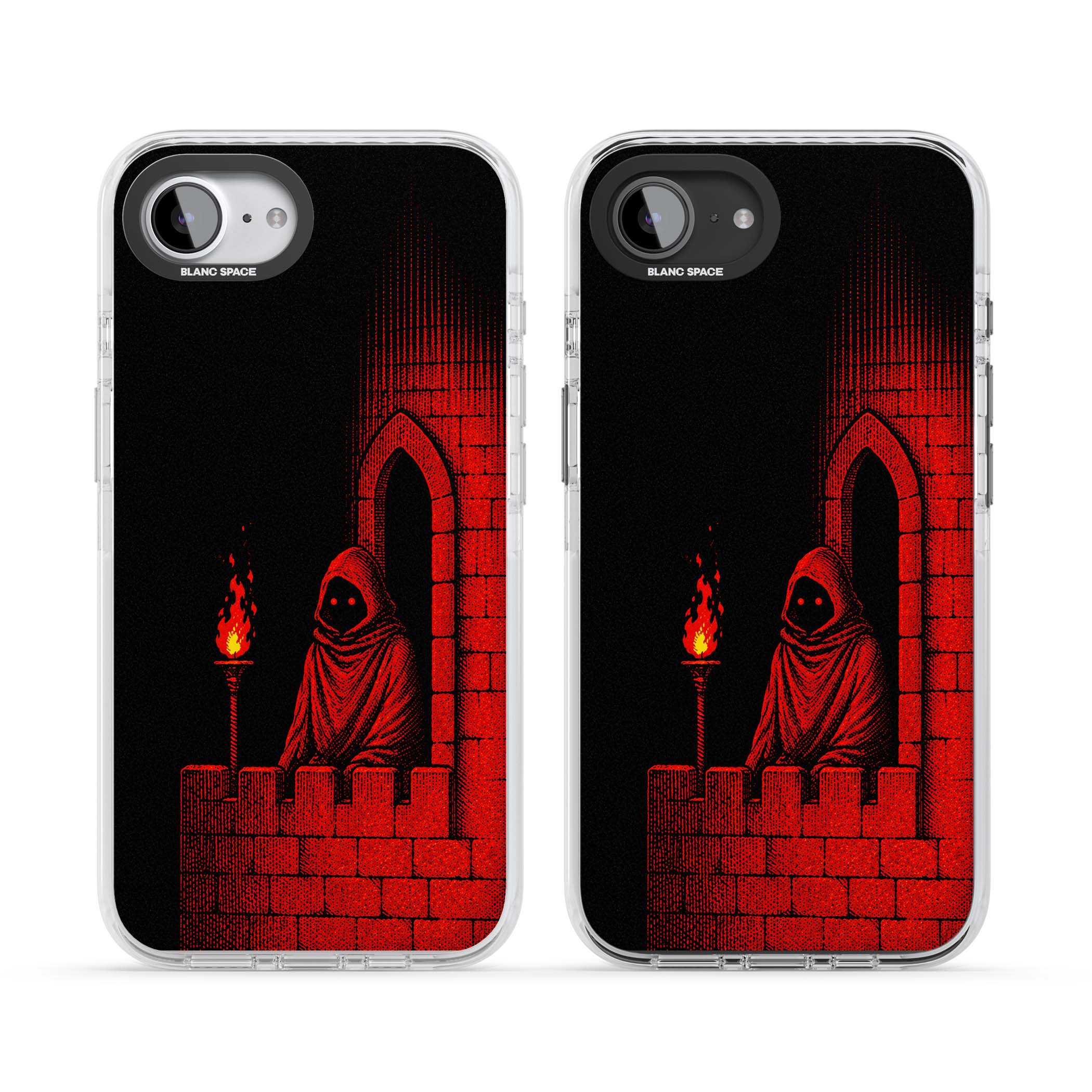 Crimson Crypt gothic iPhone case featuring a hooded reaper, torchlit crypt archway and red halftone horror art | Clear Impact case for iPhone 16e, iPhone 17e