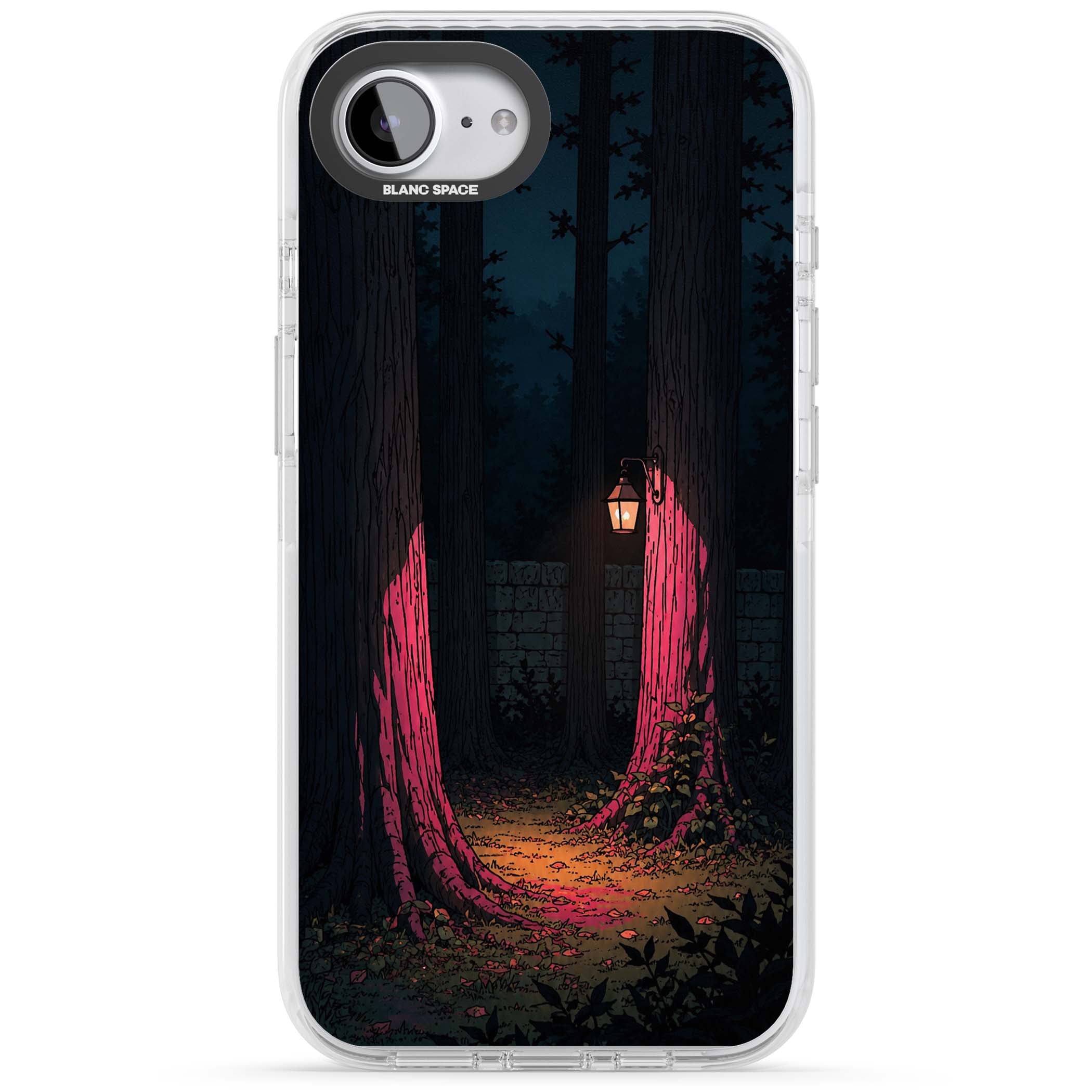 Forest Lantern dark academia iPhone case featuring a moonlit forest, glowing lantern, and stone wall pathway | Clear Impact case for iPhone 16e, iPhone 17e