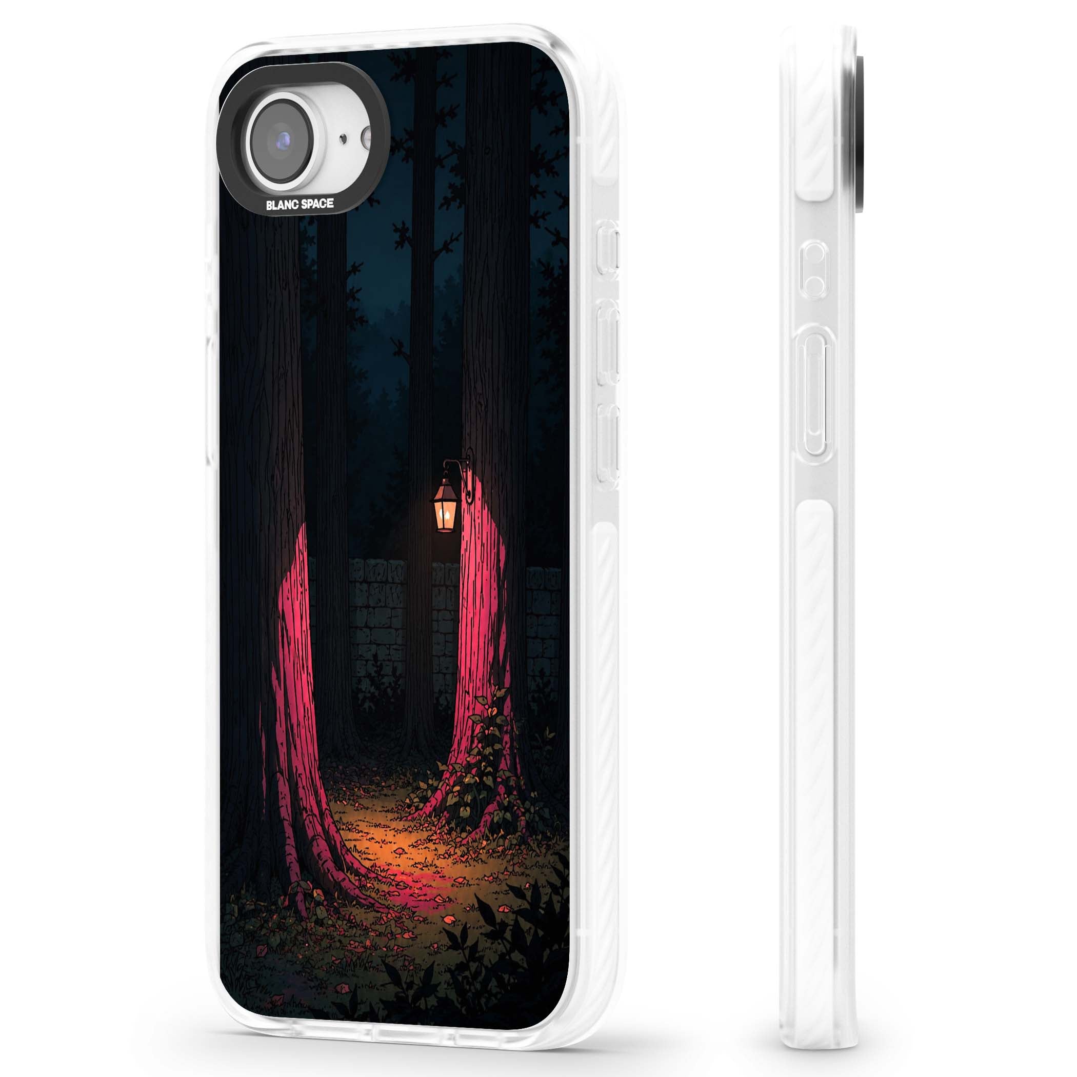 Forest Lantern dark academia iPhone case featuring a moonlit forest, glowing lantern, and stone wall pathway | Clear Impact case for iPhone 16e, iPhone 17e
