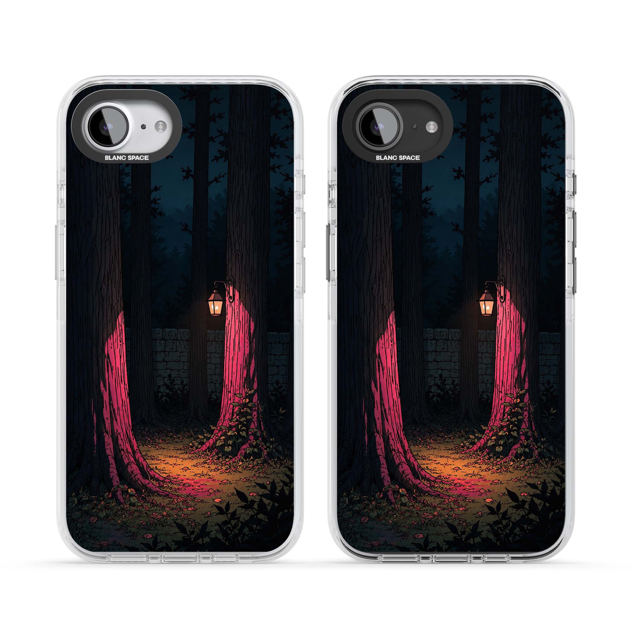 Forest Lantern dark academia iPhone case featuring a moonlit forest, glowing lantern, and stone wall pathway | Clear Impact case for iPhone 16e, iPhone 17e