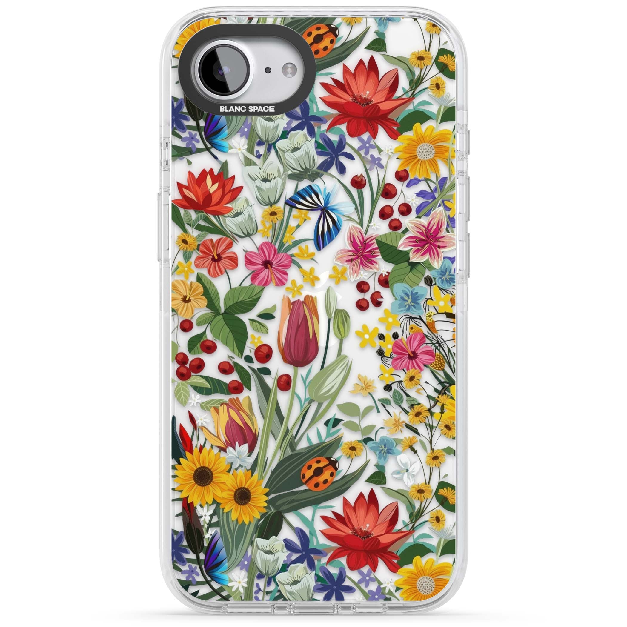 Botanical Bloom cottagecore iPhone case featuring colorful wildflowers, sunflowers, and ladybugs on clear background | Clear Impact case for iPhone 16e, iPhone 17e