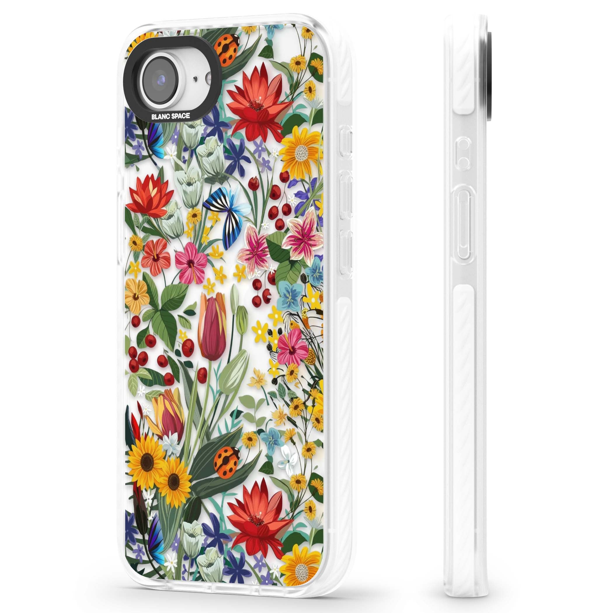 Botanical Bloom cottagecore iPhone case featuring colorful wildflowers, sunflowers, and ladybugs on clear background | Clear Impact case for iPhone 16e, iPhone 17e
