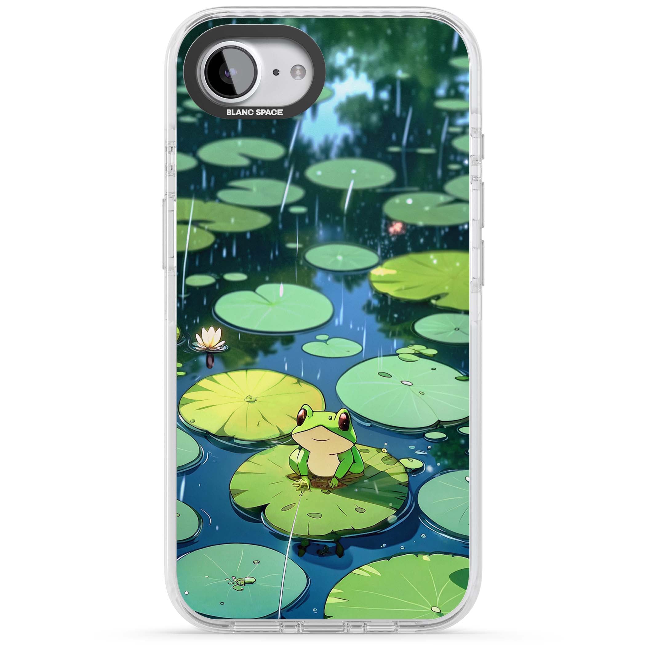 Frog In Lily Pond cottagecore iPhone case featuring a cute green frog on a lily pad with falling rain and a lotus flower | Clear Impact case for iPhone 16e, iPhone 17e
