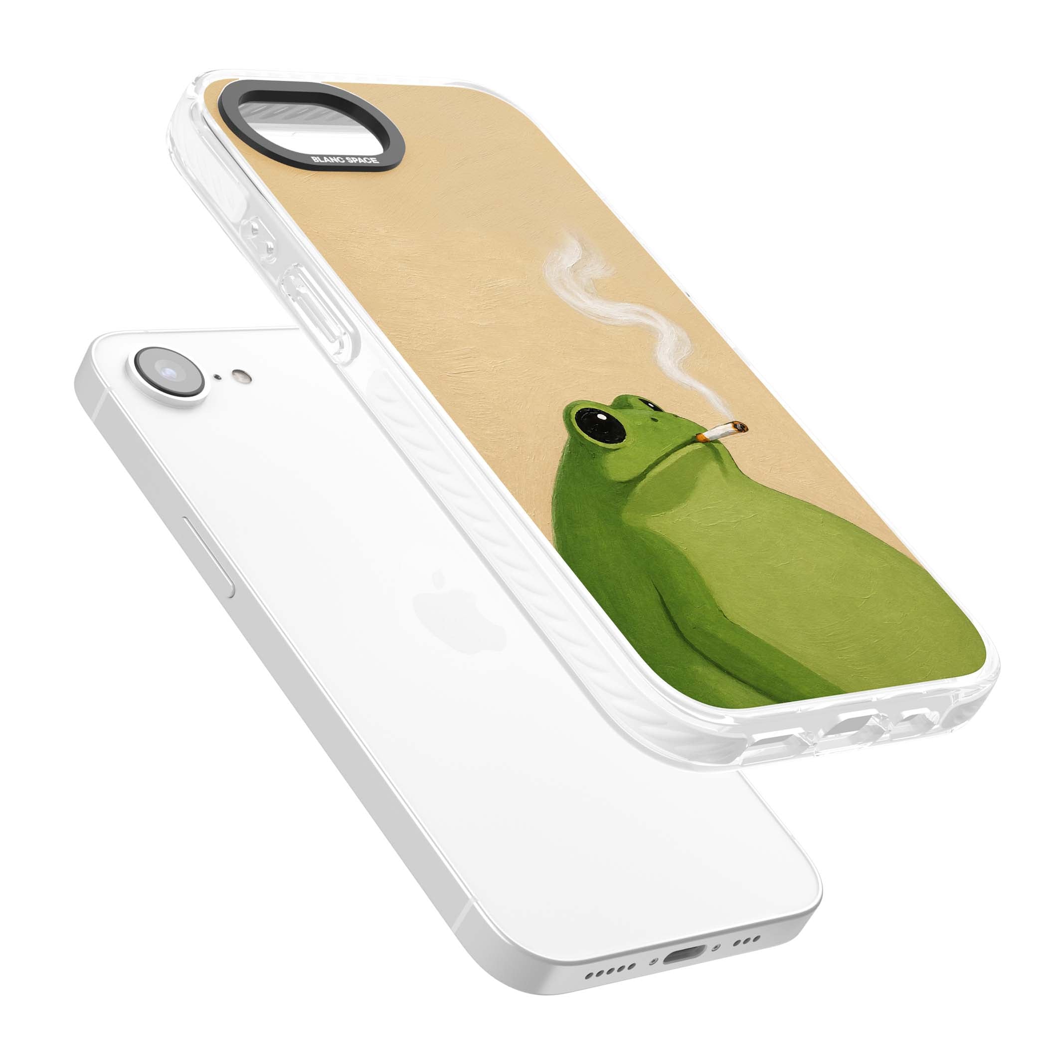 The Smoking Frog cottagecore iPhone case featuring a hand-painted green frog smoking a cigarette on a cream oil painting back | Clear Impact case for iPhone 16e, iPhone 17e