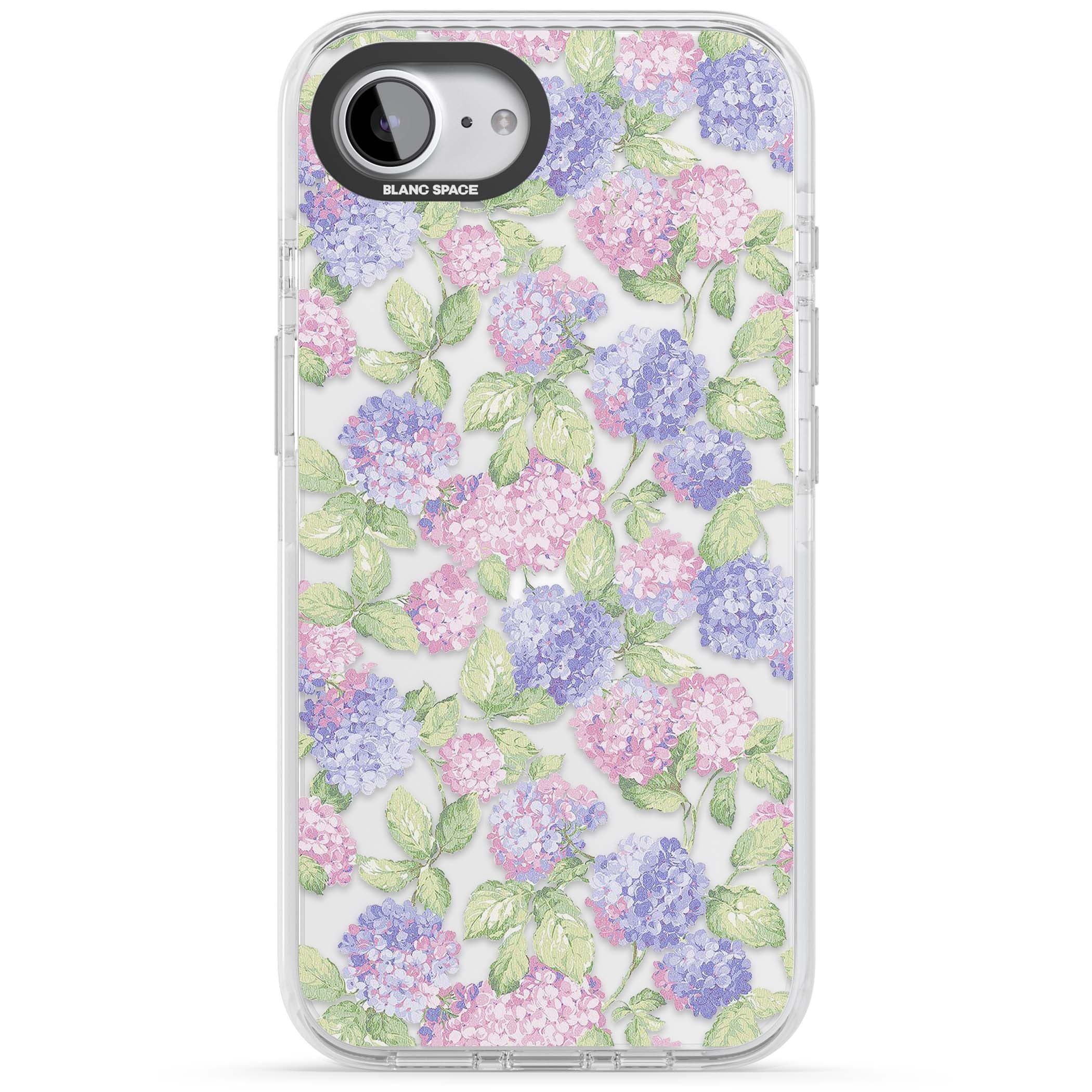 Cottage Hydrangea cottagecore iPhone case featuring pink and purple hydrangea blooms with green leaves on a clear background | Clear Impact case for iPhone 16e, iPhone 17e