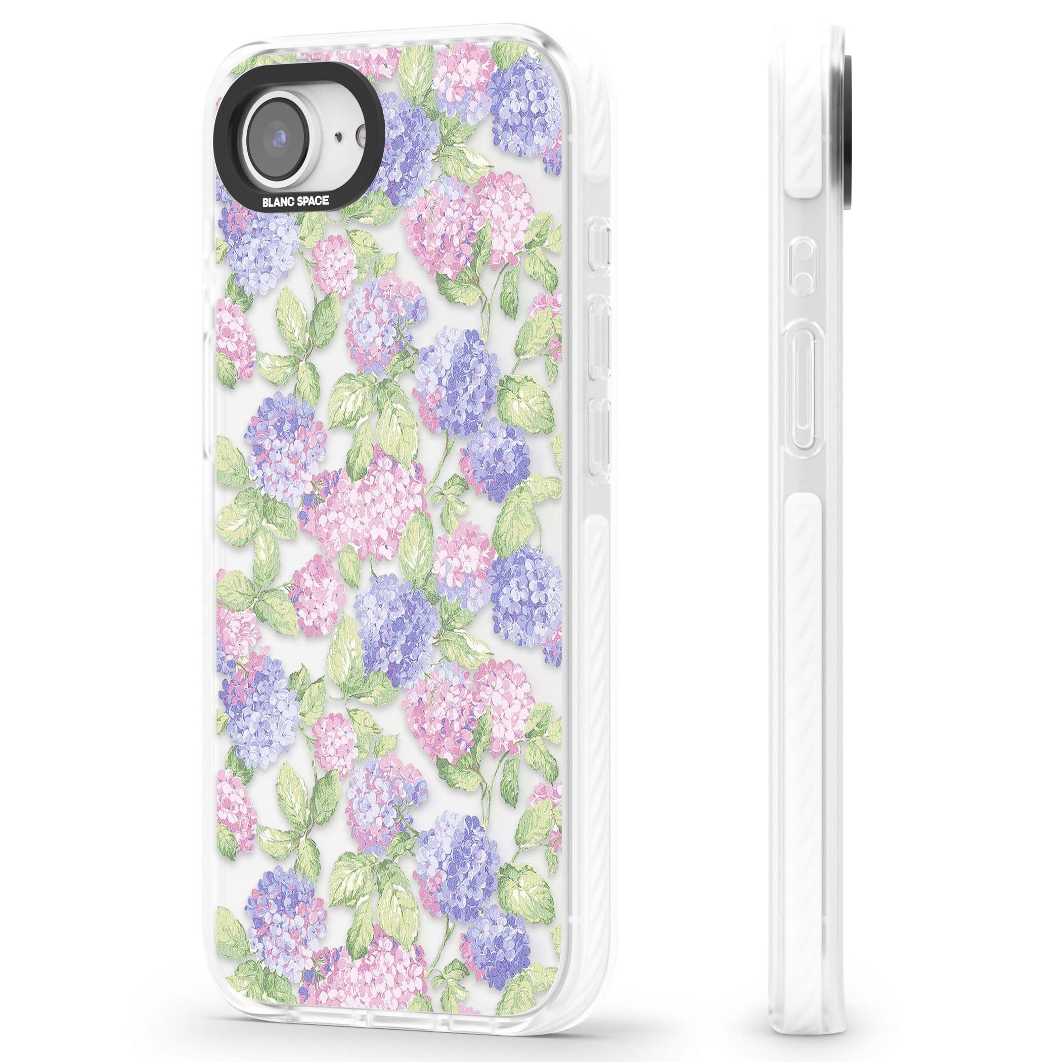 Cottage Hydrangea cottagecore iPhone case featuring pink and purple hydrangea blooms with green leaves on a clear background | Clear Impact case for iPhone 16e, iPhone 17e