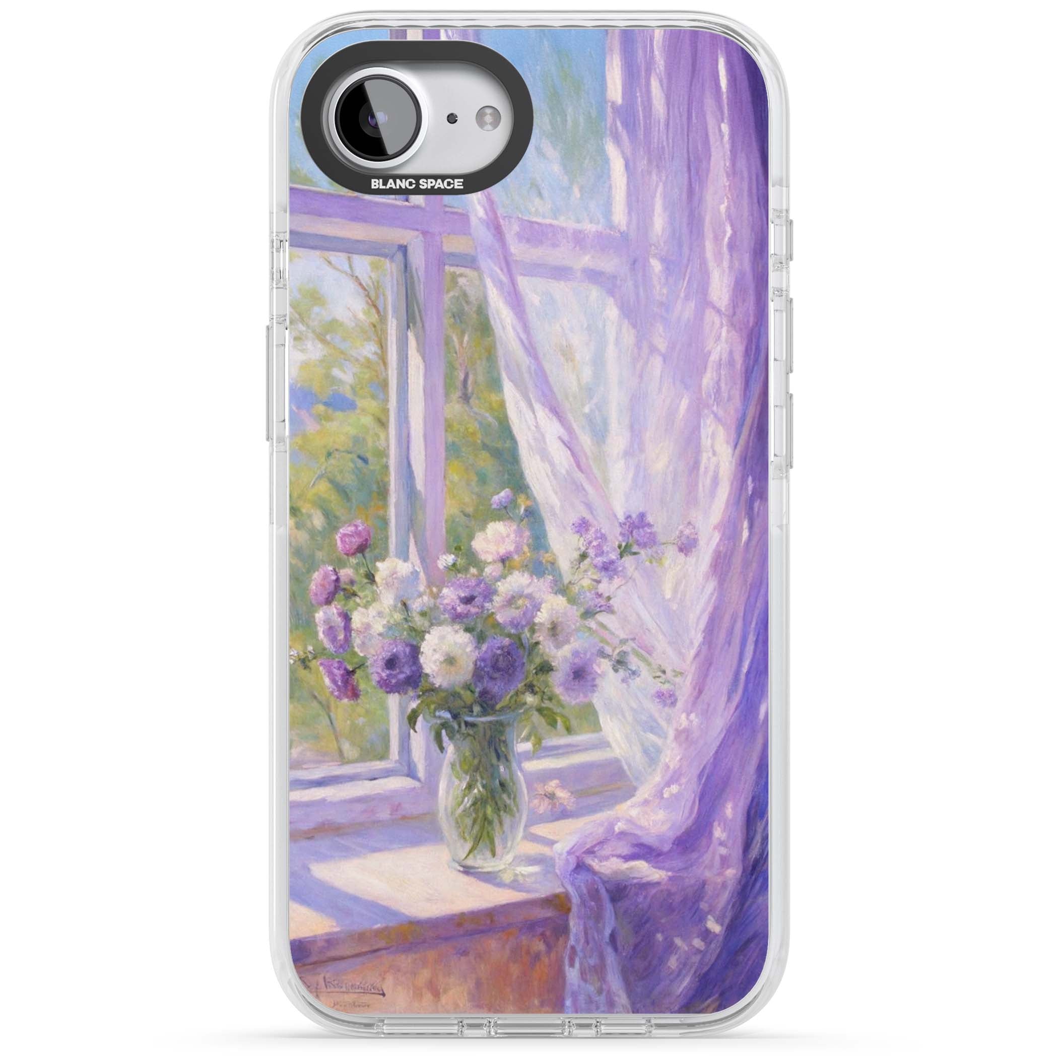 A Provence Morning impressionist art iPhone case featuring a vase of purple flowers, sunlit window and sheer curt | Clear Impact case for iPhone 16e, iPhone 17e