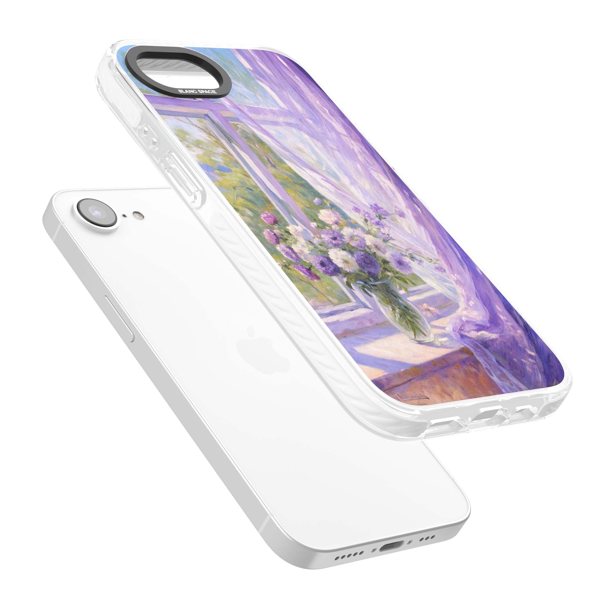 A Provence Morning impressionist art iPhone case featuring a vase of purple flowers, sunlit window and sheer curt | Clear Impact case for iPhone 16e, iPhone 17e