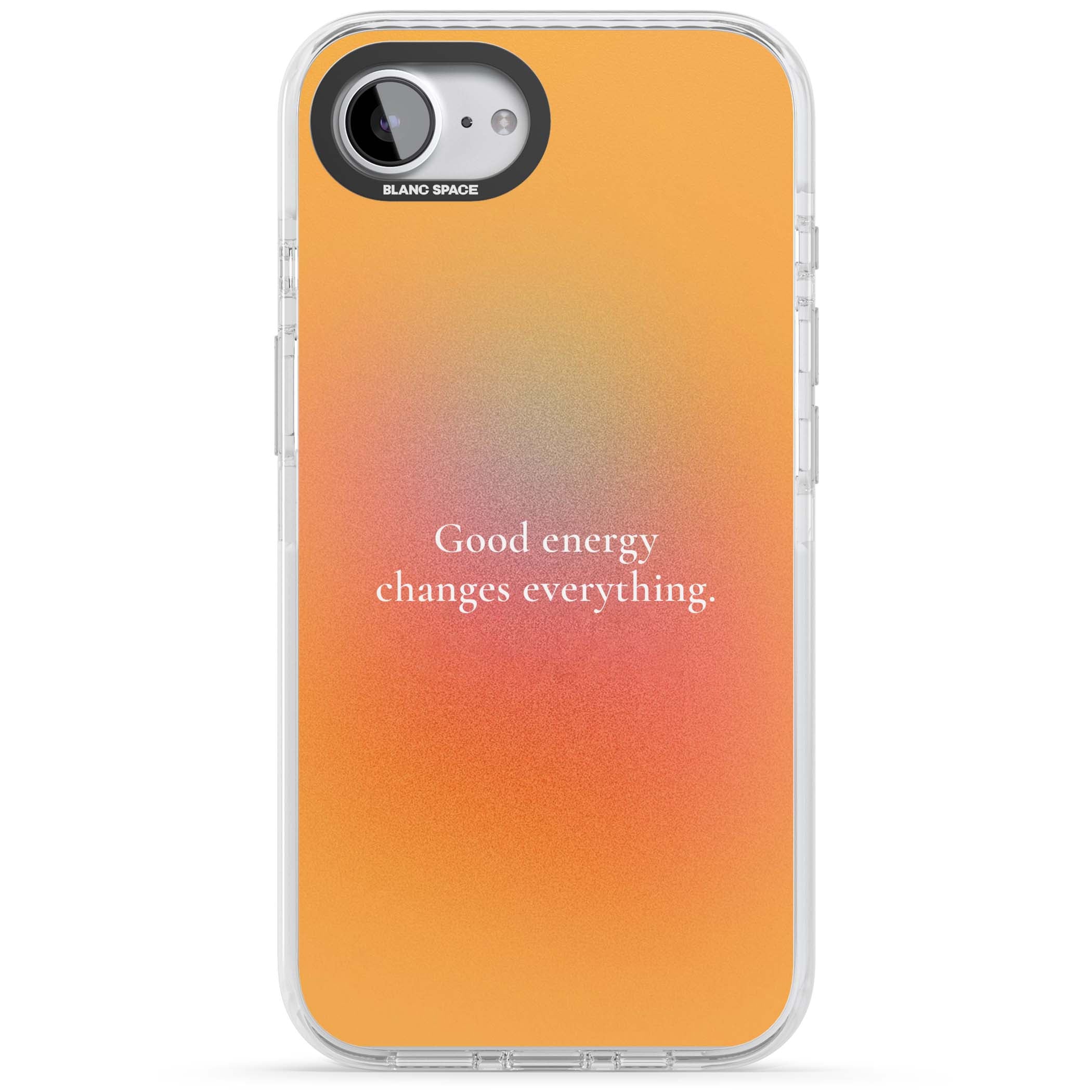 Good Energy quote iPhone case featuring an orange and pink aura gradient with white serif affirmation text | Impact Magsafe case for iPhone 16e, iPhone 17e