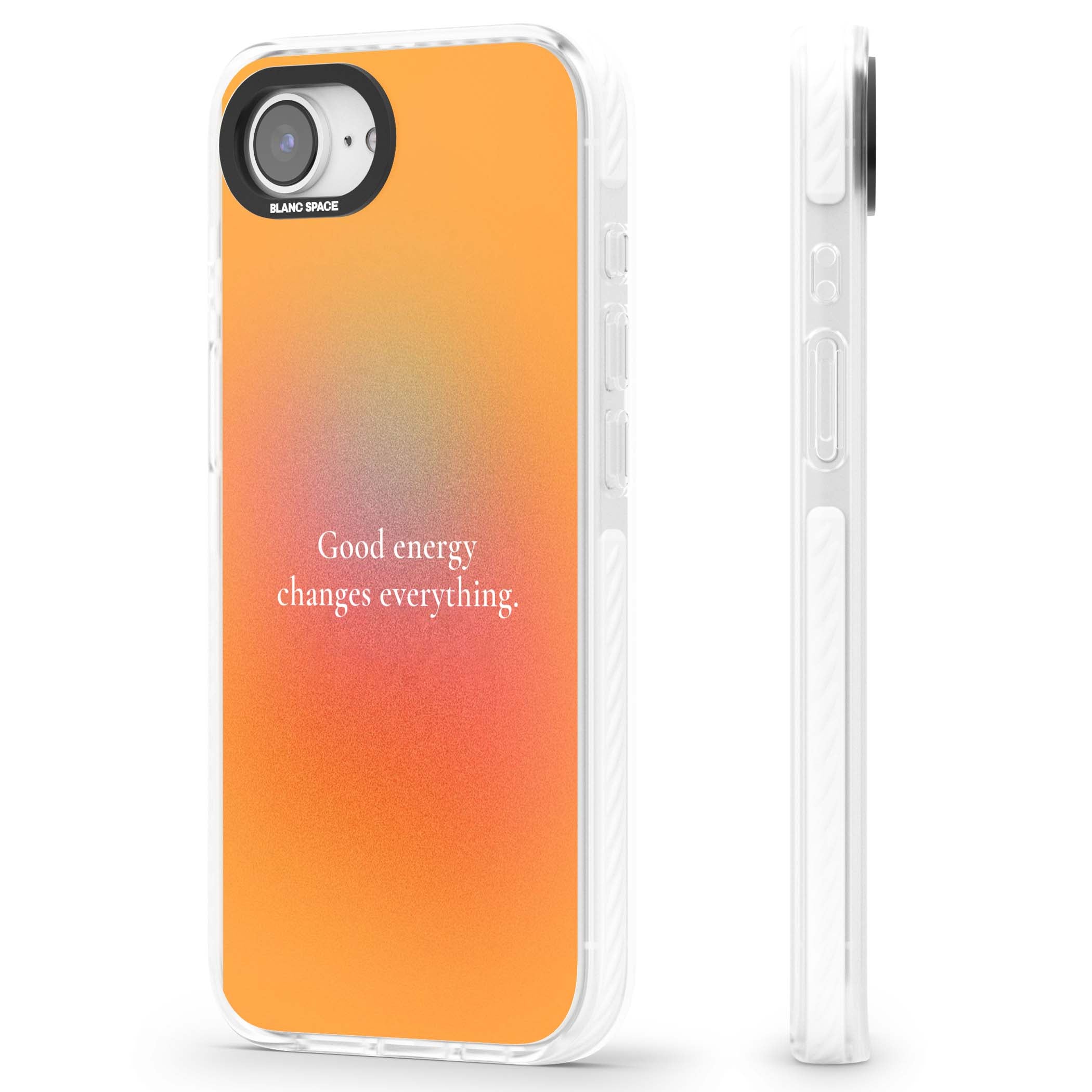 Good Energy quote iPhone case featuring an orange and pink aura gradient with white serif affirmation text | Impact Magsafe case for iPhone 16e, iPhone 17e