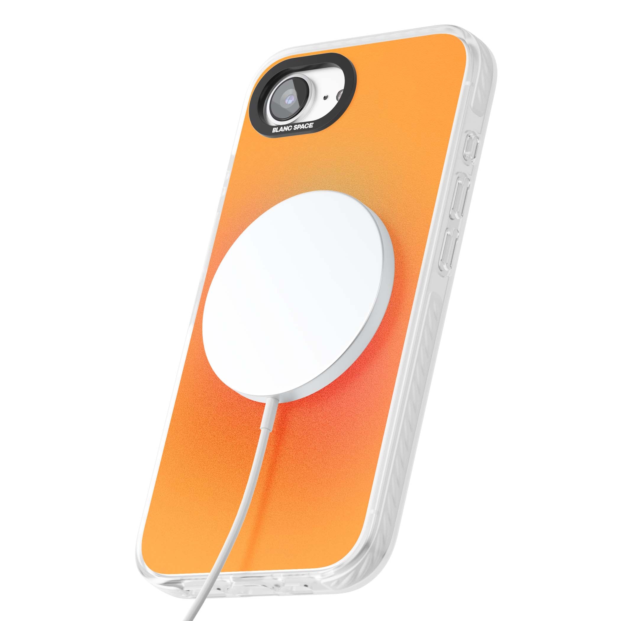 Good Energy quote iPhone case featuring an orange and pink aura gradient with white serif affirmation text | Impact Magsafe case for iPhone 16e, iPhone 17e