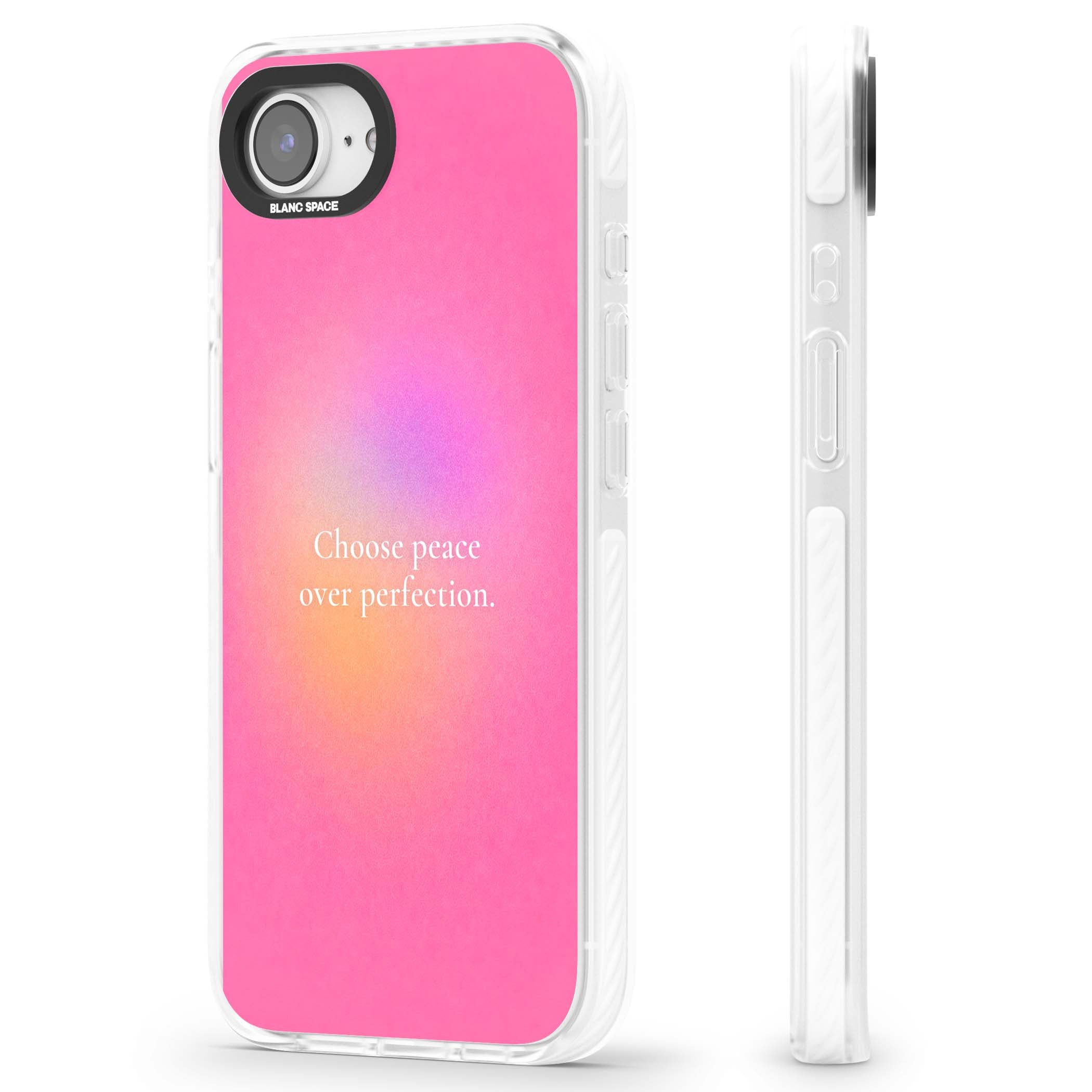 Peace Over Perfection quote iPhone case featuring a dreamy pink aura gradient and delicate white affirmation text | Impact Magsafe case for iPhone 16e, iPhone 17e