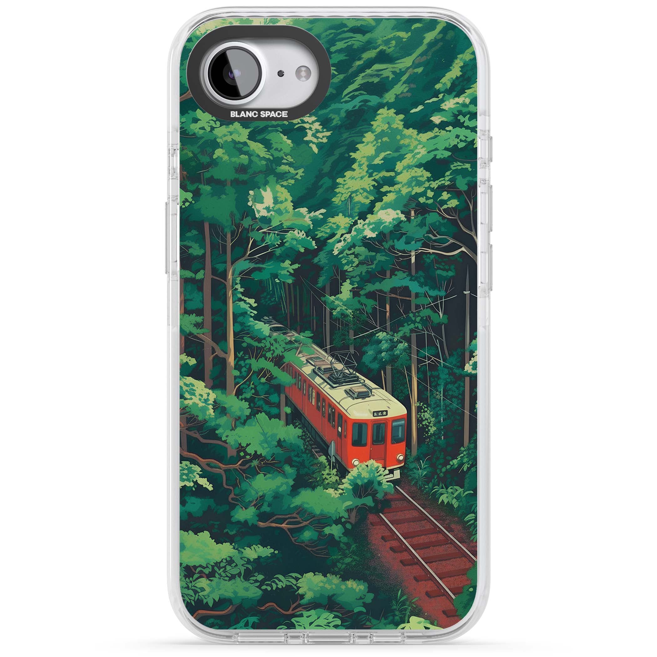 Railway In Toyama Japanese iPhone case featuring a red train, cedar forest and winding mountain railway tracks | Impact Magsafe case for iPhone 16e, iPhone 17e
