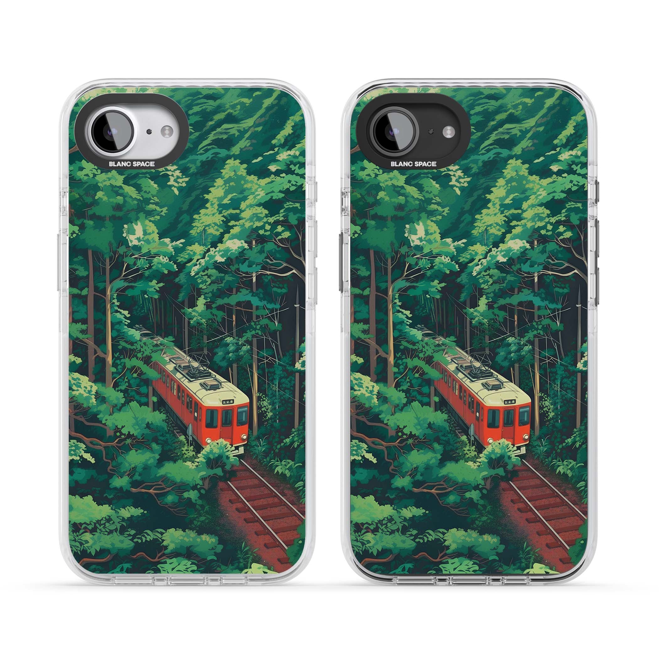 Railway In Toyama Japanese iPhone case featuring a red train, cedar forest and winding mountain railway tracks | Impact Magsafe case for iPhone 16e, iPhone 17e