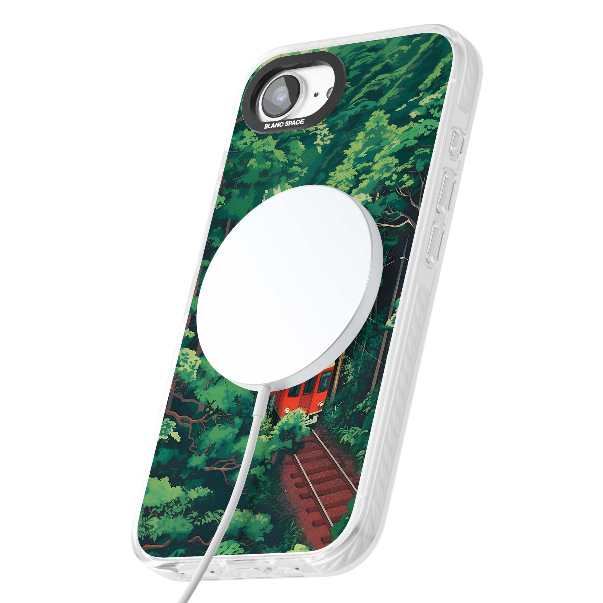 Railway In Toyama Japanese iPhone case featuring a red train, cedar forest and winding mountain railway tracks | Impact Magsafe case for iPhone 16e, iPhone 17e