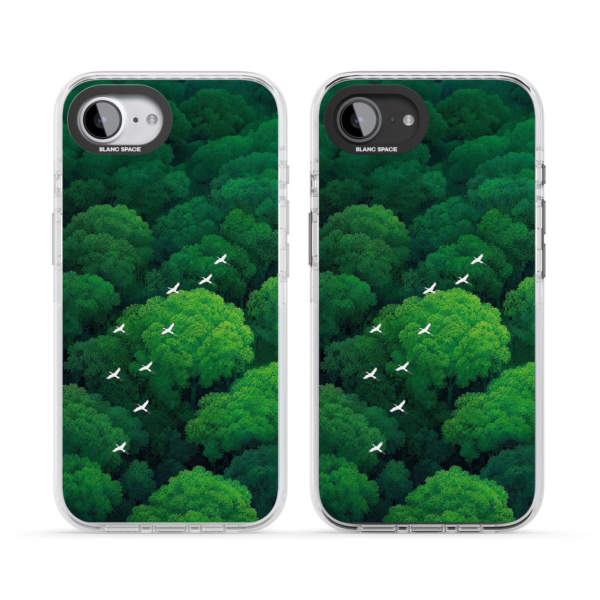 Grove Migration forest iPhone case featuring white cranes flying over lush green treetop canopy | Impact Magsafe case for iPhone 16e, iPhone 17e