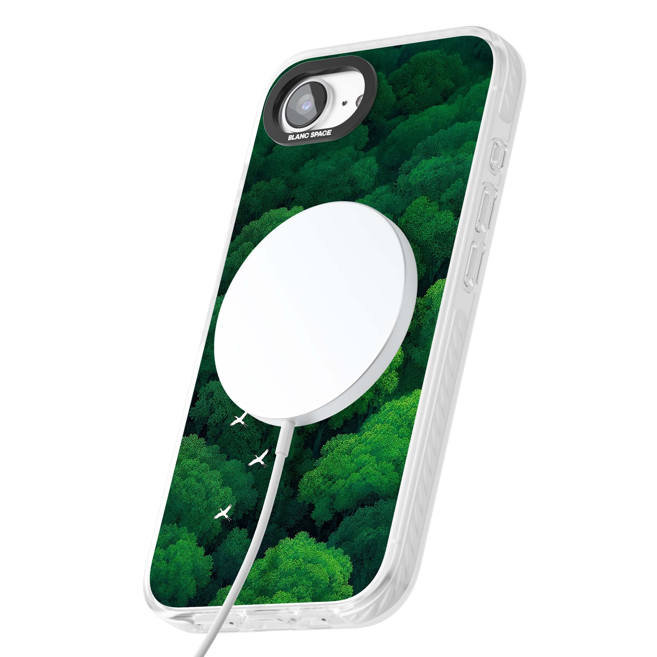 Grove Migration forest iPhone case featuring white cranes flying over lush green treetop canopy | Impact Magsafe case for iPhone 16e, iPhone 17e