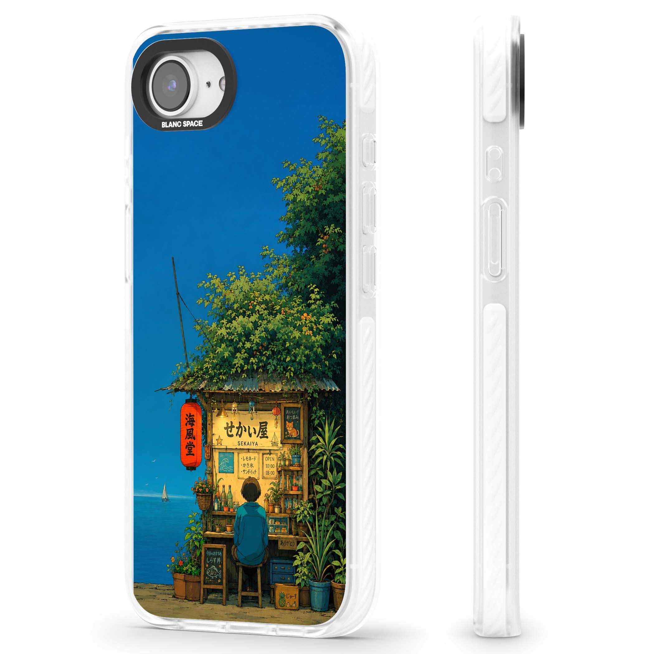 The Shirahama Kiosk anime iPhone case featuring a Japanese seaside shop, red paper lantern and ocean view | Impact Magsafe case for iPhone 16e, iPhone 17e