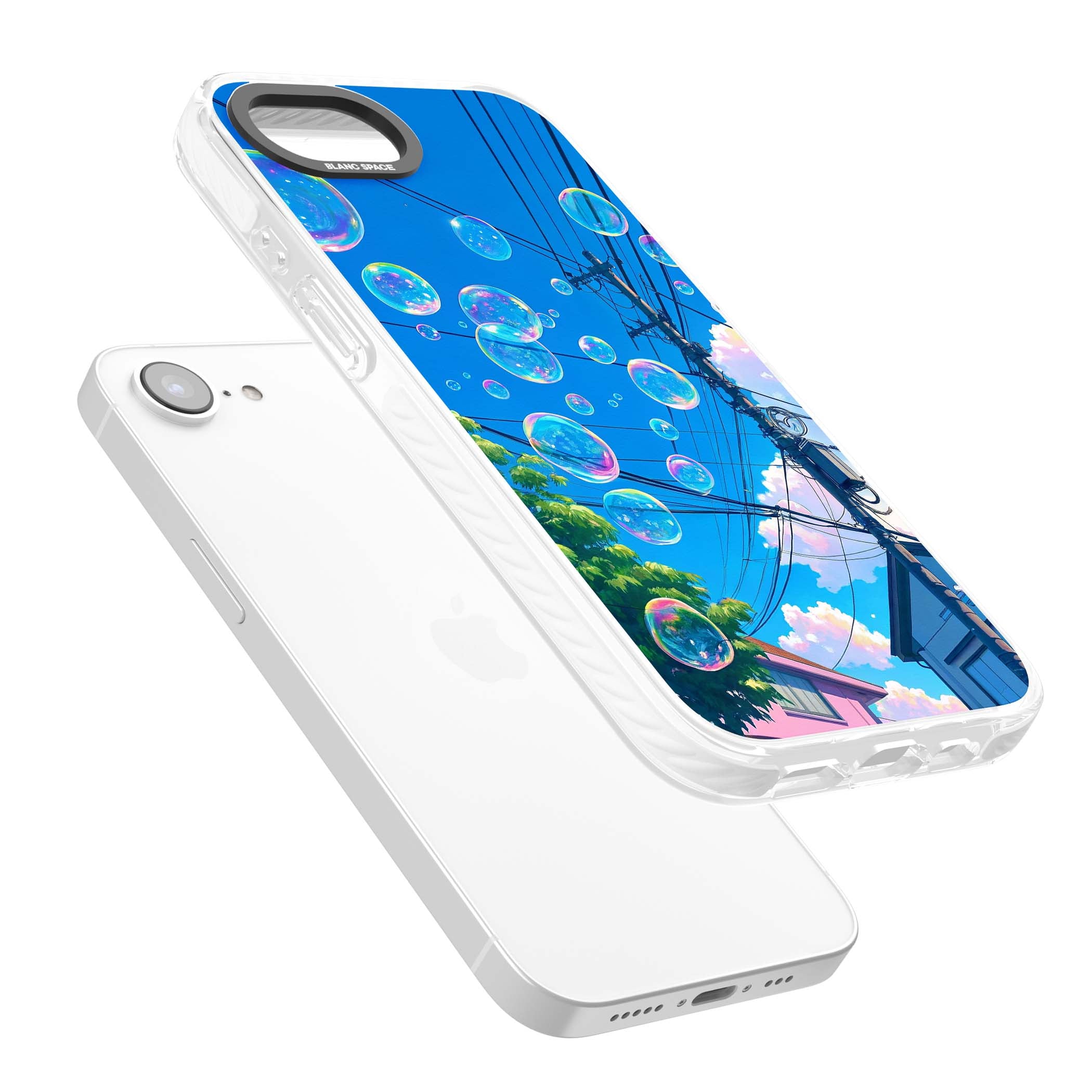 Suburban Bubbles anime iPhone case featuring iridescent soap bubbles, blue sky and Japanese telephone wires | Impact Magsafe case for iPhone 16e, iPhone 17e