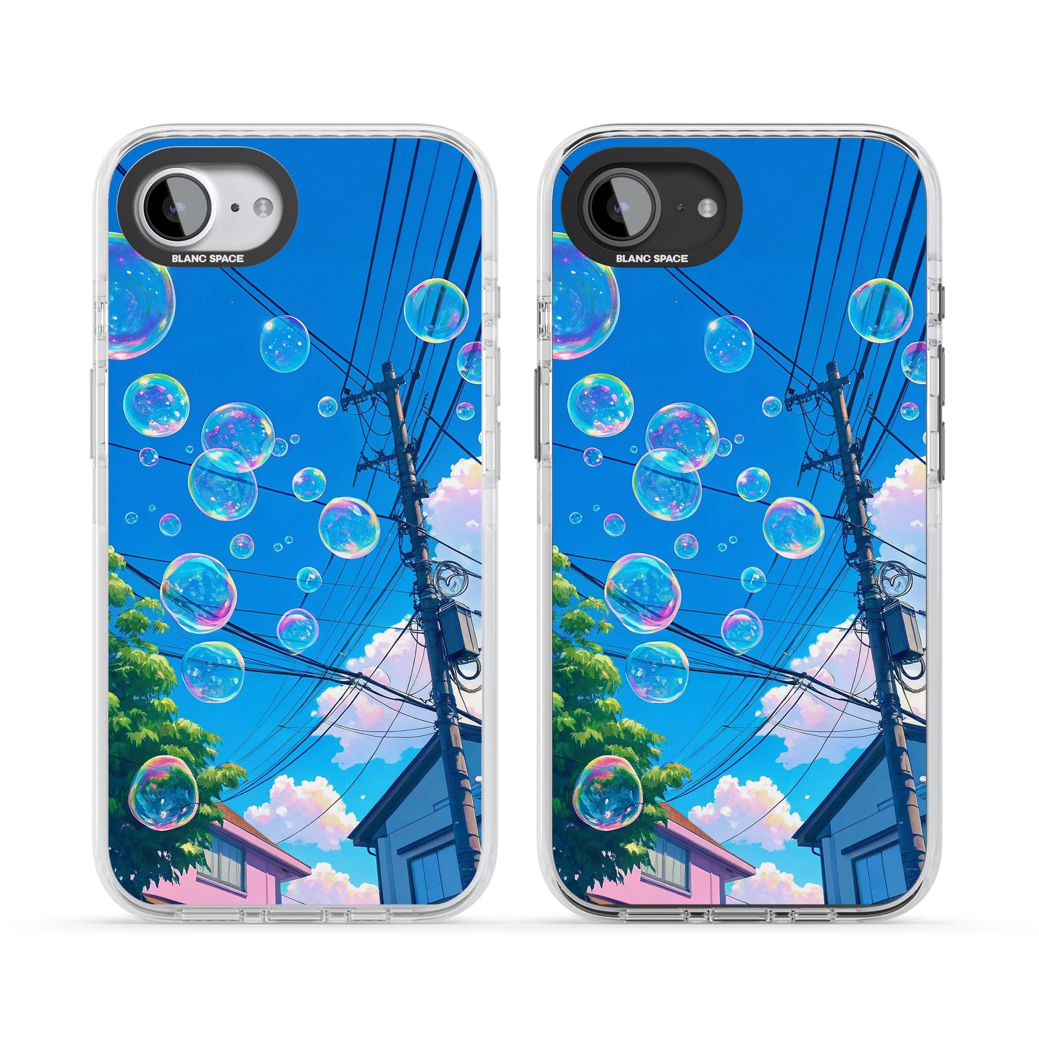 Suburban Bubbles anime iPhone case featuring iridescent soap bubbles, blue sky and Japanese telephone wires | Impact Magsafe case for iPhone 16e, iPhone 17e