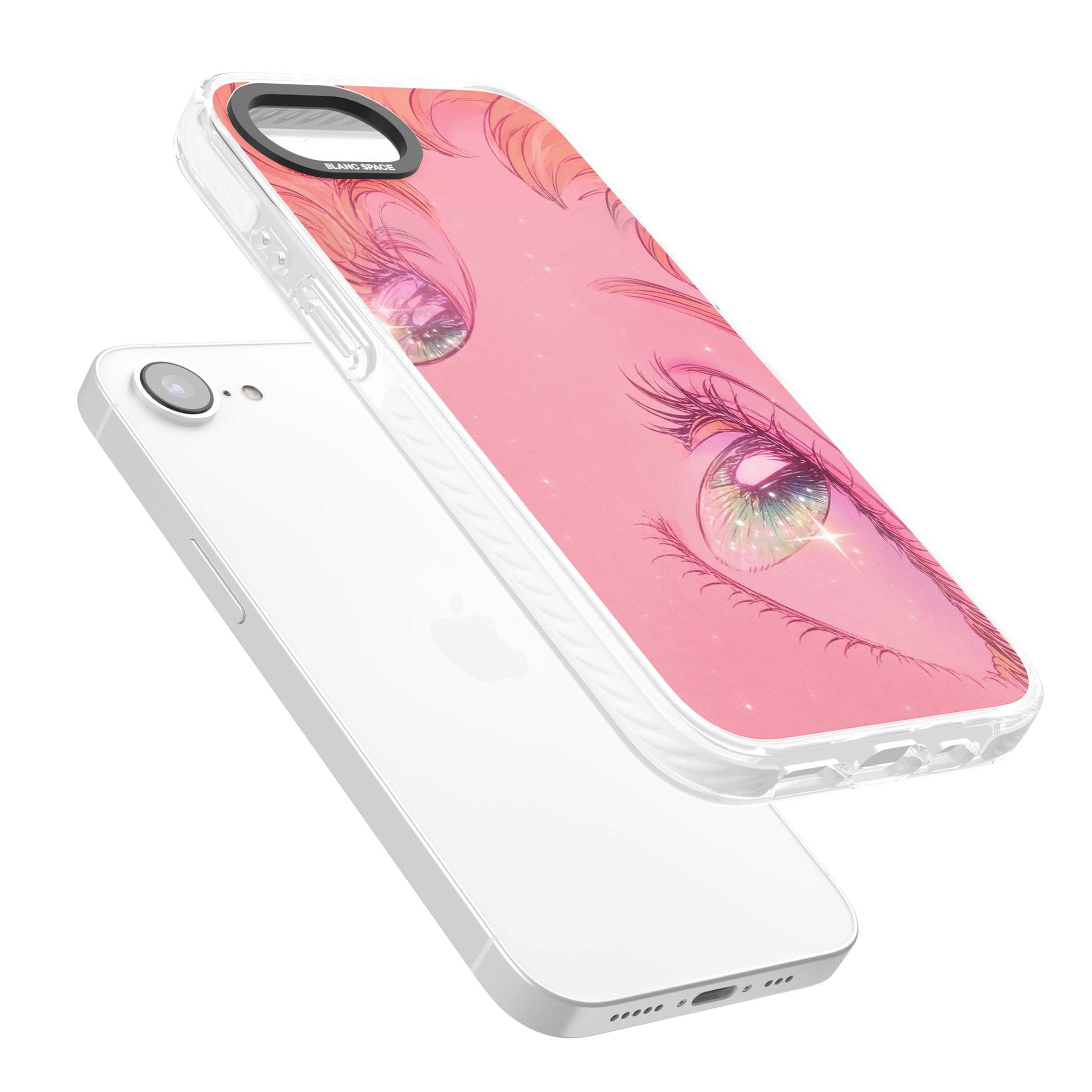 Pink Ethereal Gaze anime iPhone case featuring sparkling manga eyes, coral lashes and dreamy peach sky | Impact Magsafe case for iPhone 16e, iPhone 17e