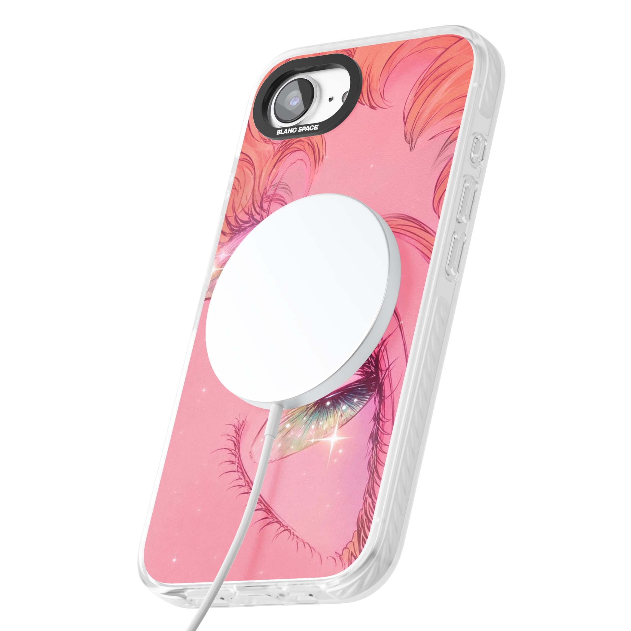 Pink Ethereal Gaze anime iPhone case featuring sparkling manga eyes, coral lashes and dreamy peach sky | Impact Magsafe case for iPhone 16e, iPhone 17e