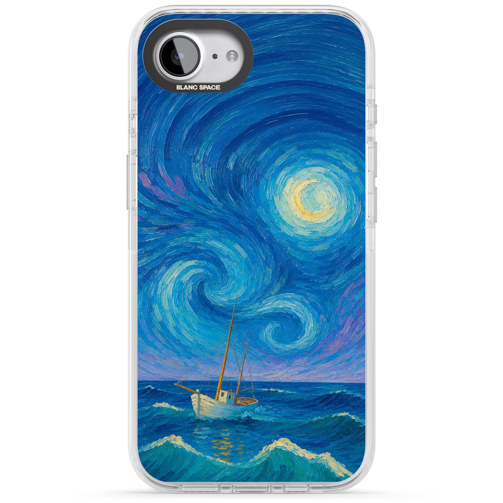 Moonlit Tide Van Gogh art iPhone case featuring swirling starry night sky, glowing moon and lone sailing boat at sea | Impact Magsafe case for iPhone 16e, iPhone 17e