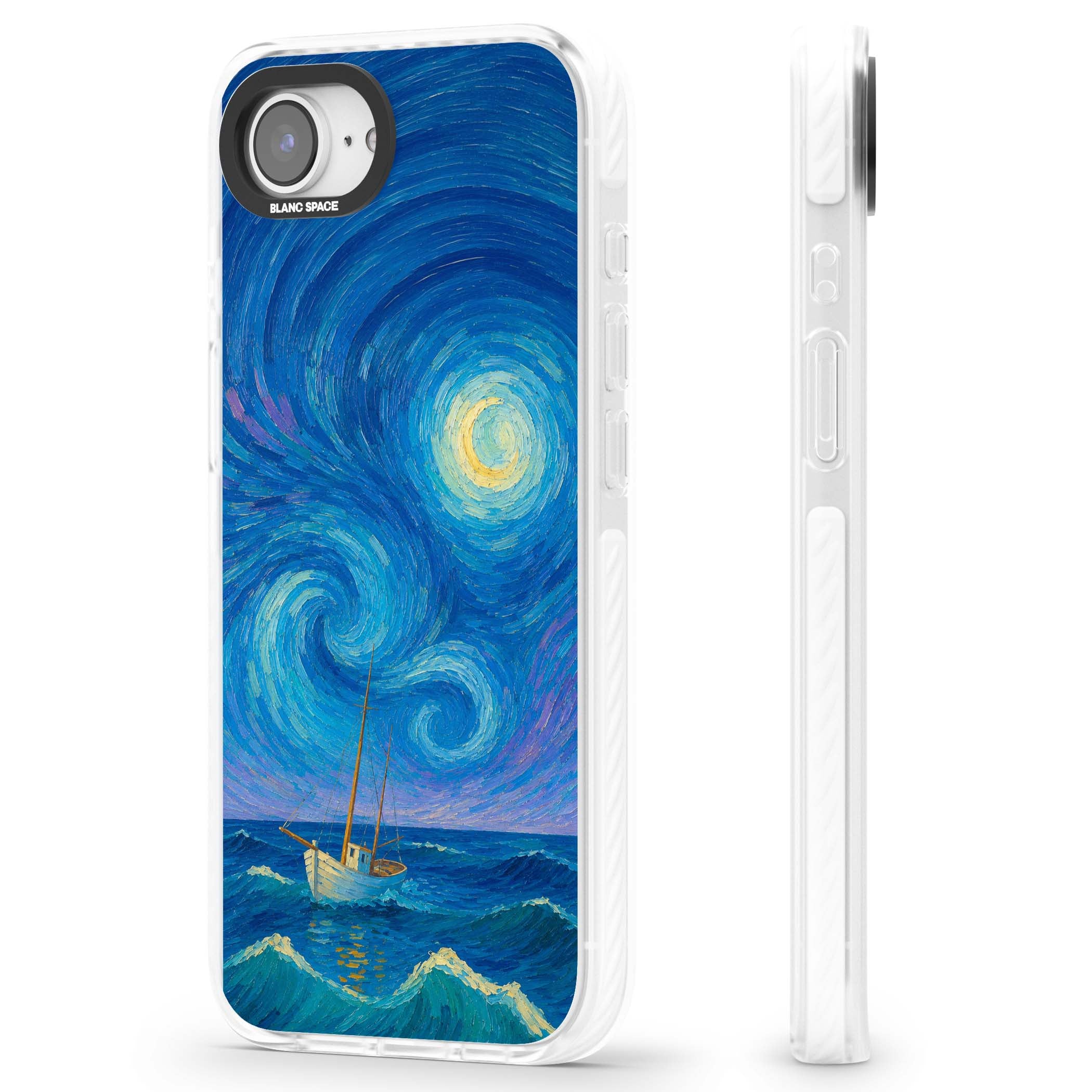 Moonlit Tide Van Gogh art iPhone case featuring swirling starry night sky, glowing moon and lone sailing boat at sea | Impact Magsafe case for iPhone 16e, iPhone 17e