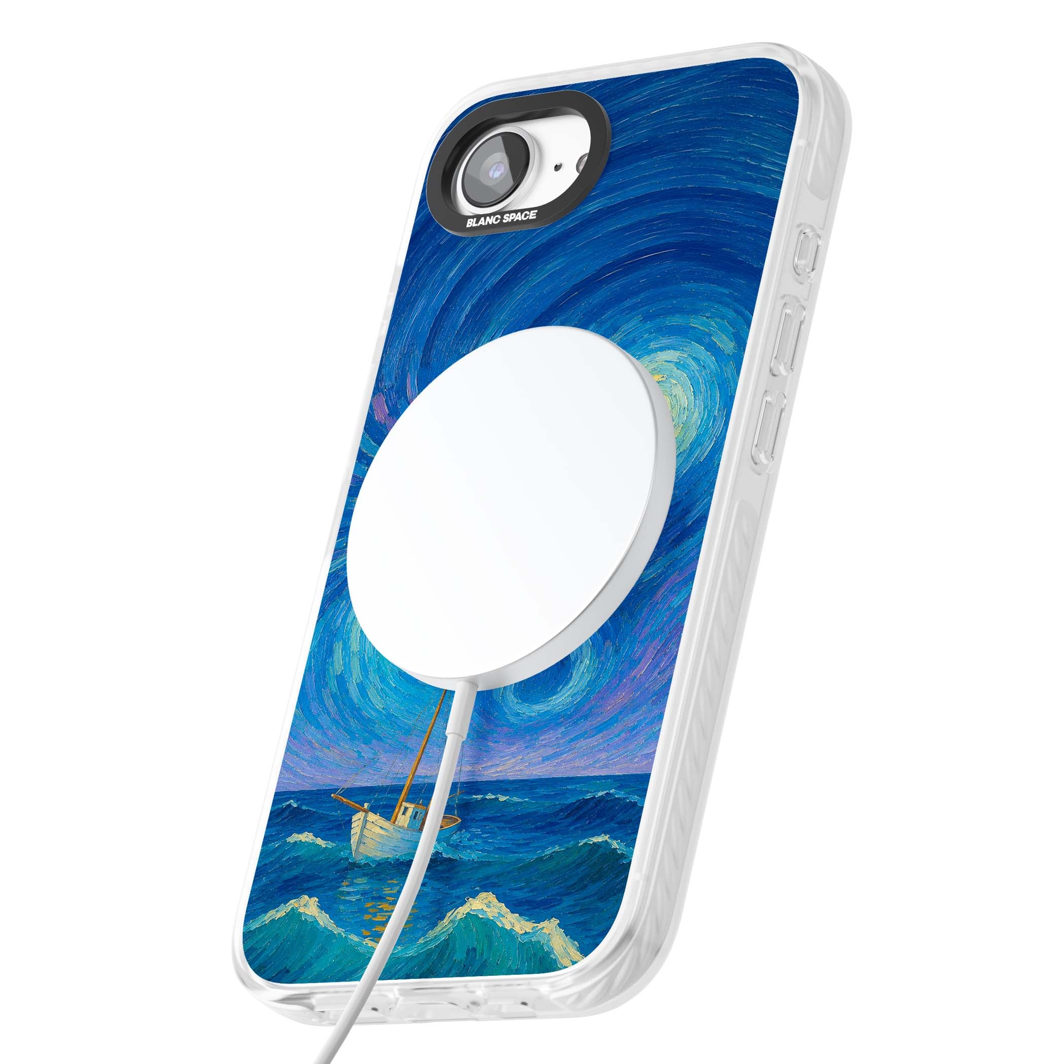 Moonlit Tide Van Gogh art iPhone case featuring swirling starry night sky, glowing moon and lone sailing boat at sea | Impact Magsafe case for iPhone 16e, iPhone 17e
