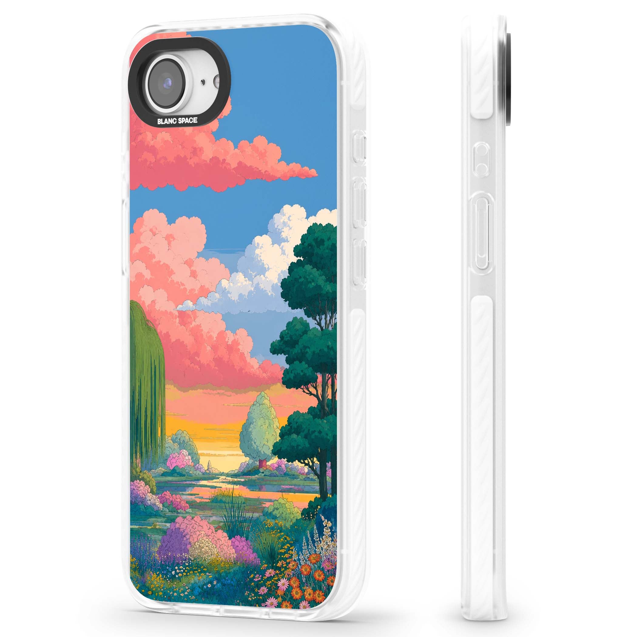 Dream Valley anime landscape iPhone case featuring pink sunset clouds, willow trees and wildflowers | Impact Magsafe case for iPhone 16e, iPhone 17e