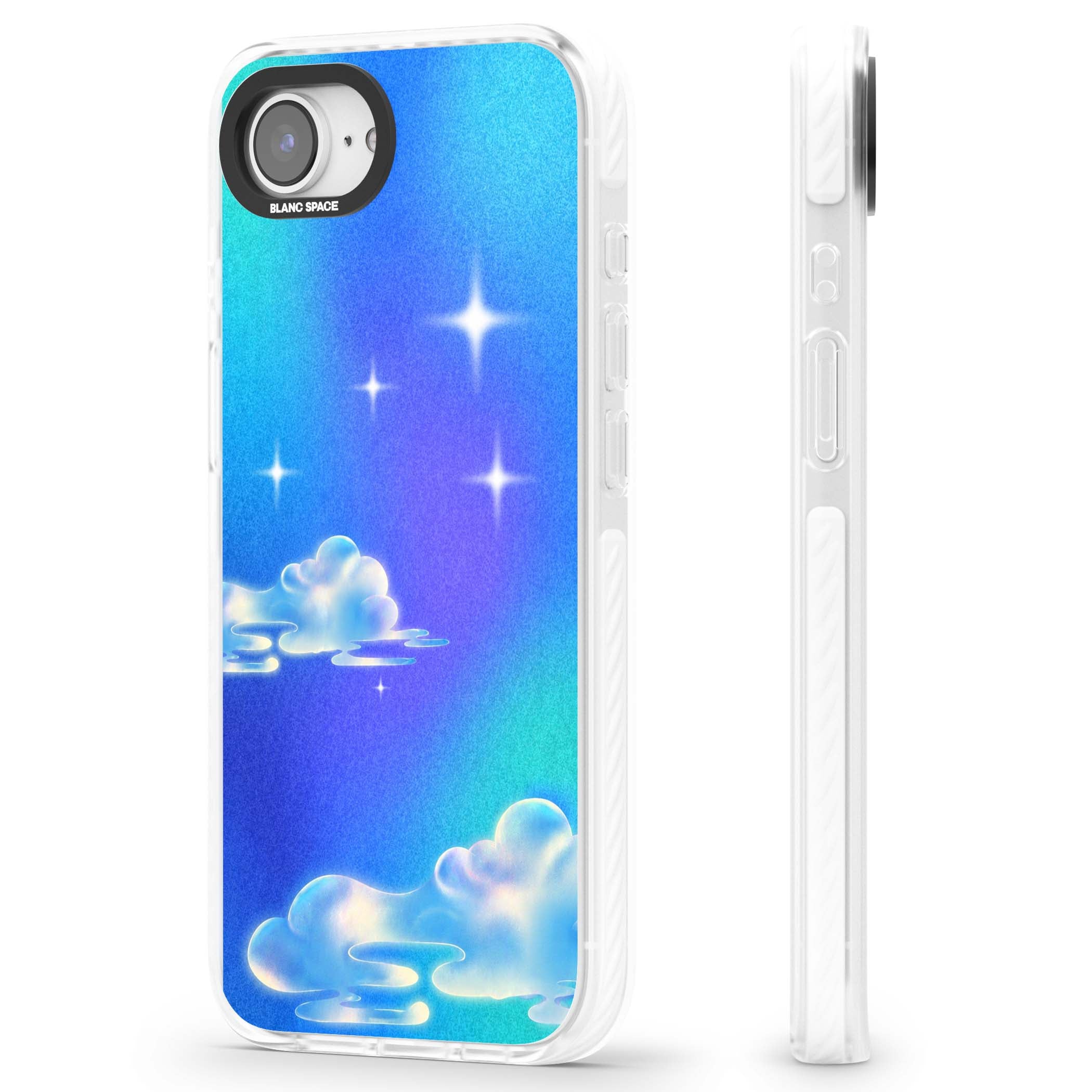 Aurora celestial iPhone case featuring dreamy iridescent clouds, sparkling stars and pastel blue purple sky | Impact Magsafe case for iPhone 16e, iPhone 17e