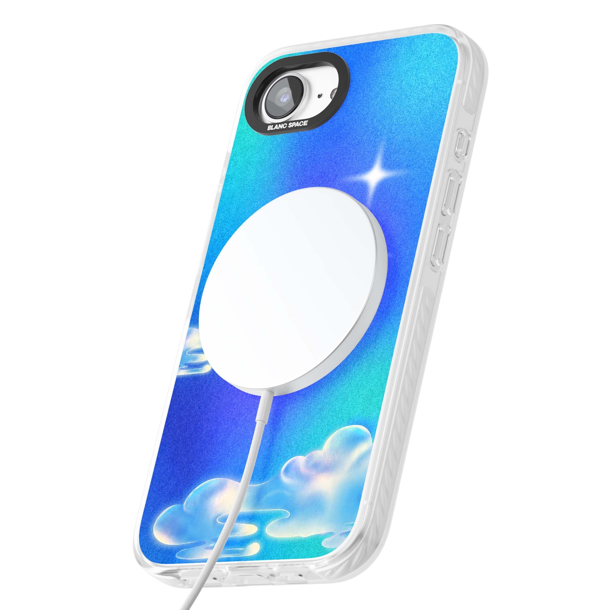 Aurora celestial iPhone case featuring dreamy iridescent clouds, sparkling stars and pastel blue purple sky | Impact Magsafe case for iPhone 16e, iPhone 17e