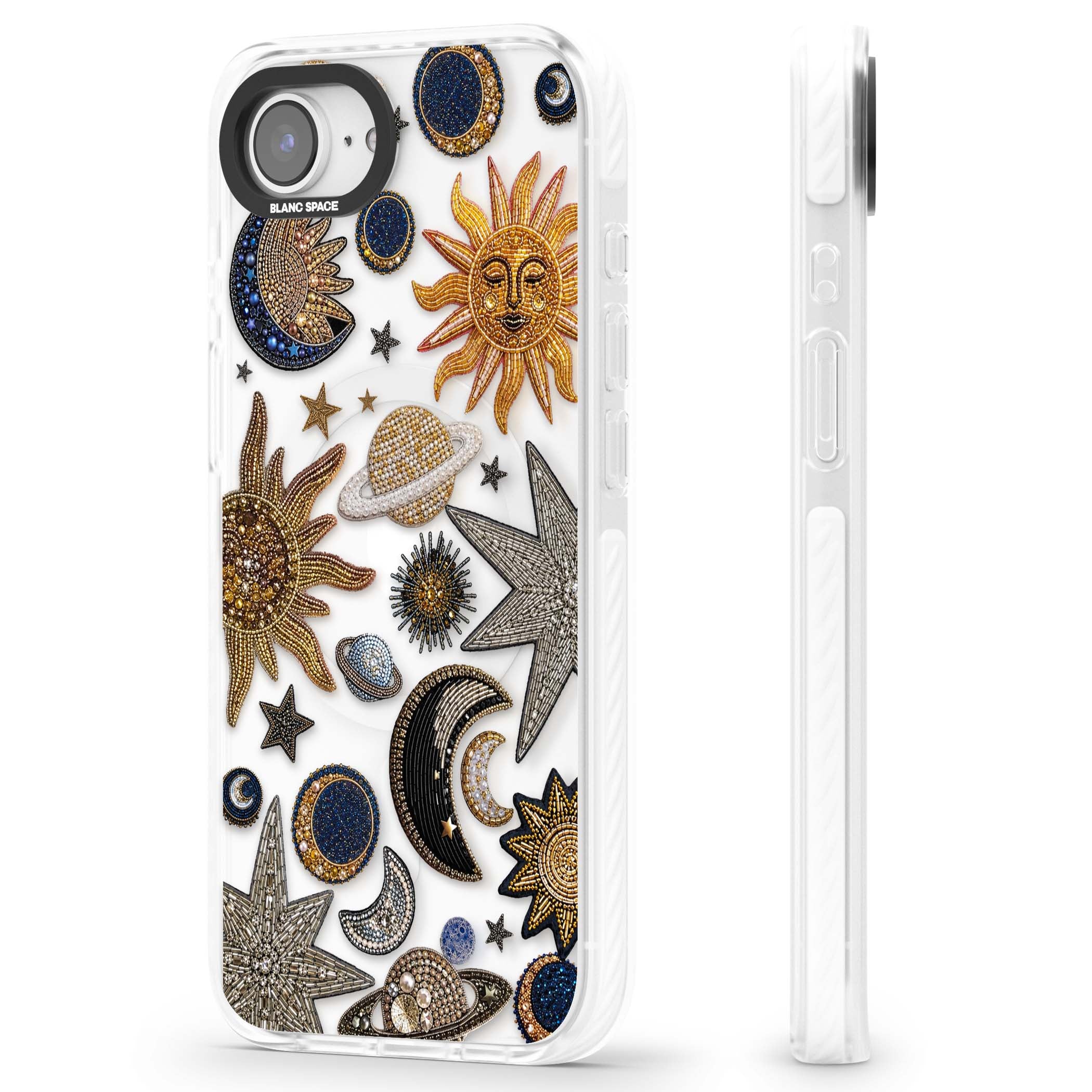 Beaded Cosmos celestial iPhone case featuring embroidered golden suns, beaded planets and silver shooting stars | Impact Magsafe case for iPhone 16e, iPhone 17e