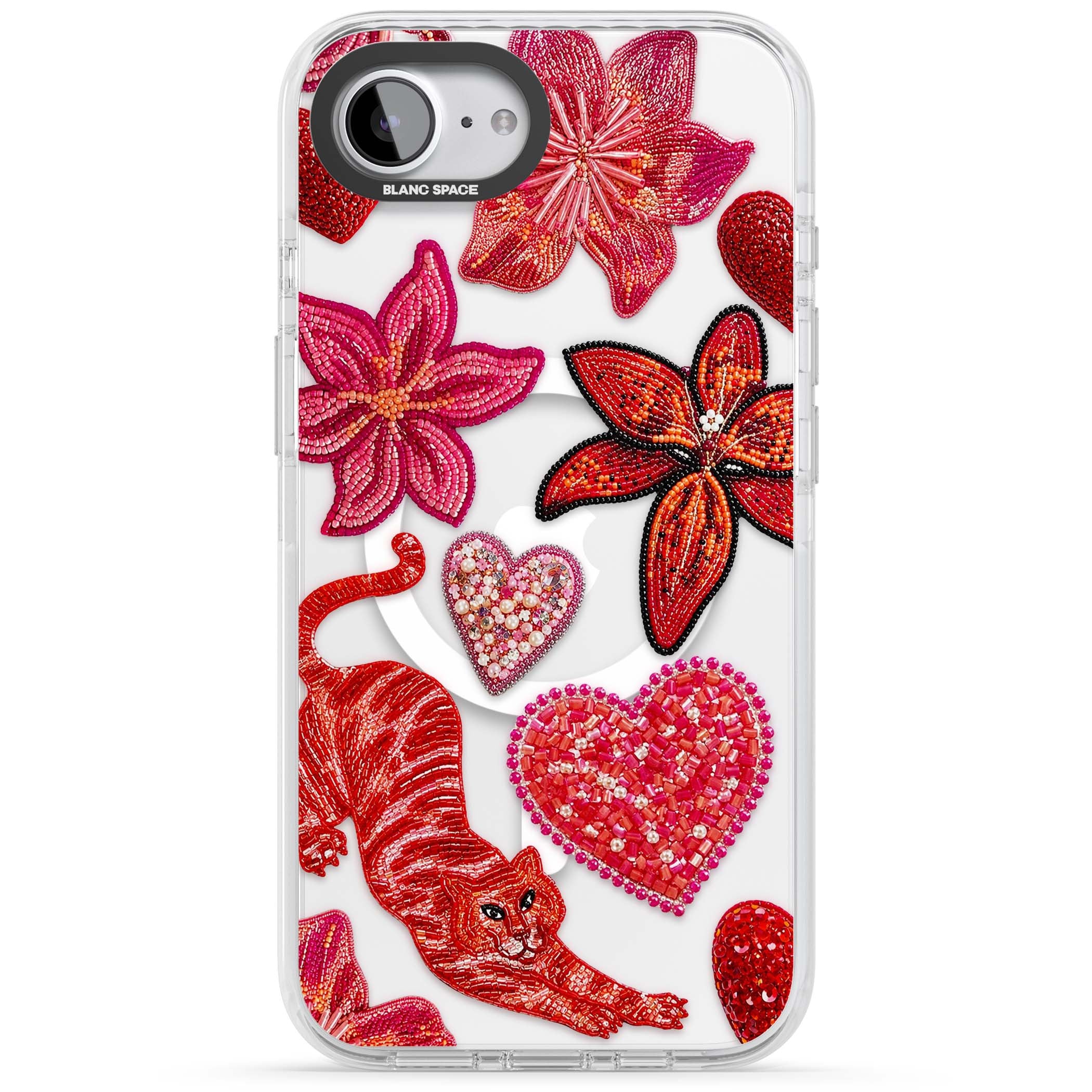 Beaded Boho floral iPhone case featuring beaded red lilies, a stitched tiger, and pearl-encrusted hearts on clear | Impact Magsafe case for iPhone 16e, iPhone 17e
