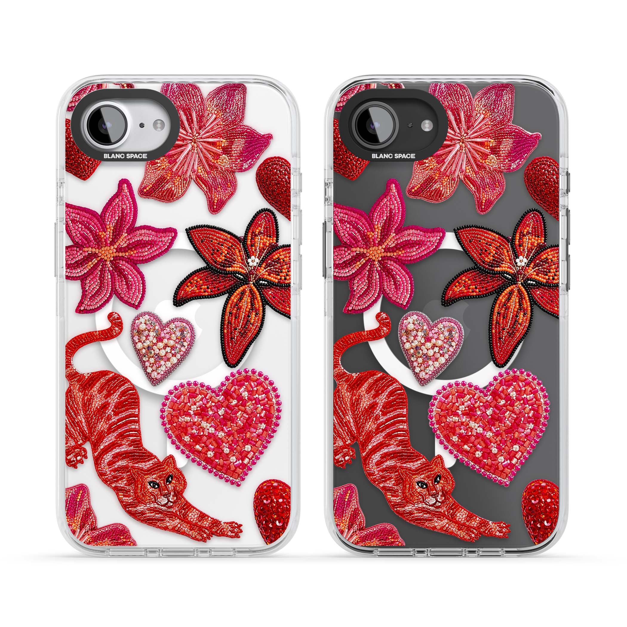 Beaded Boho floral iPhone case featuring beaded red lilies, a stitched tiger, and pearl-encrusted hearts on clear | Impact Magsafe case for iPhone 16e, iPhone 17e