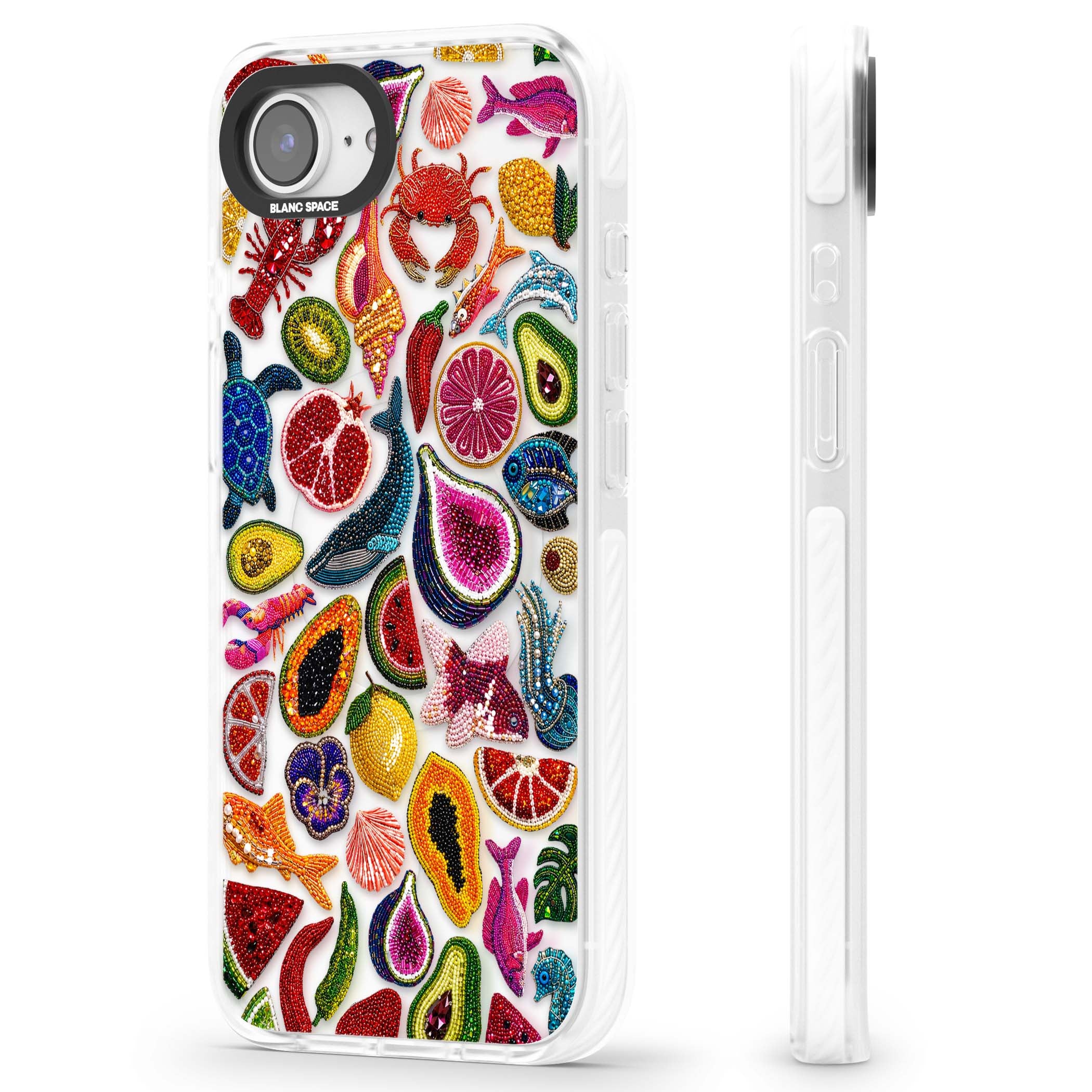 Beaded Tropic tropical iPhone case featuring beaded fruit, fish, crabs and seashells in vibrant colour | Impact Magsafe case for iPhone 16e, iPhone 17e
