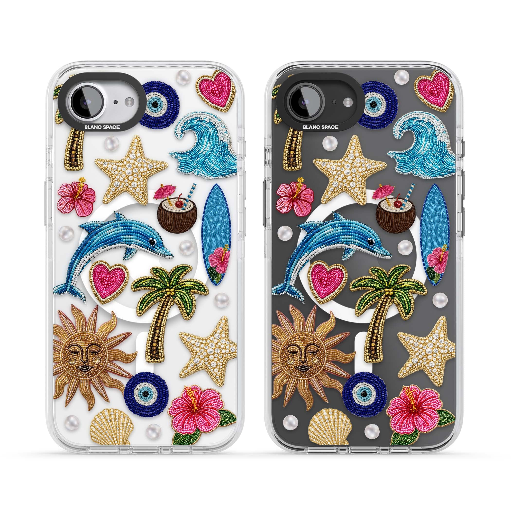 Beaded Beach coastal summer iPhone case featuring embroidered evil eye, hibiscus flowers, dolphin and palm tree patches | Impact Magsafe case for iPhone 16e, iPhone 17e