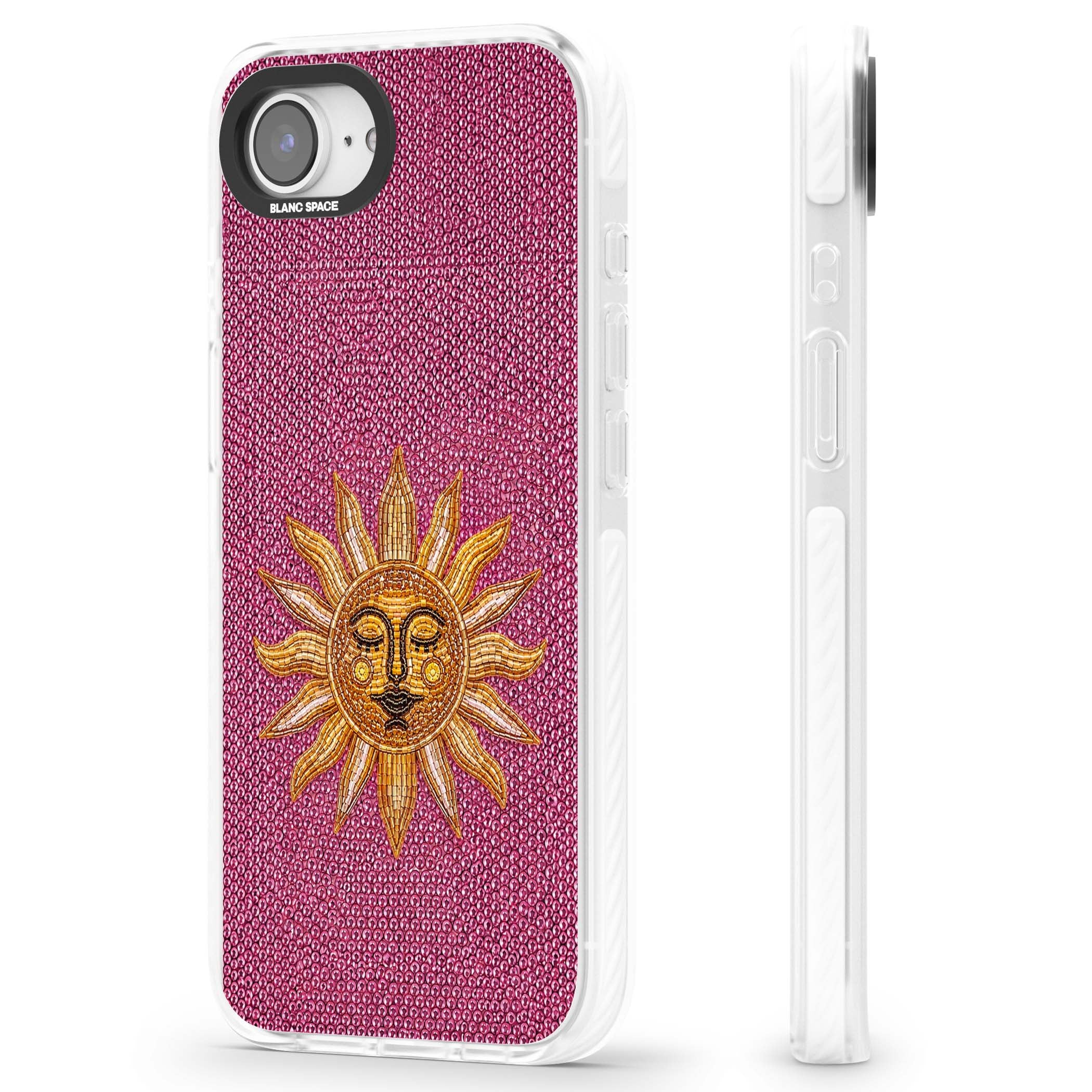 Beaded Sun celestial iPhone case featuring a golden beaded sun face with radiant rays on hot pink beaded background | Impact Magsafe case for iPhone 16e, iPhone 17e