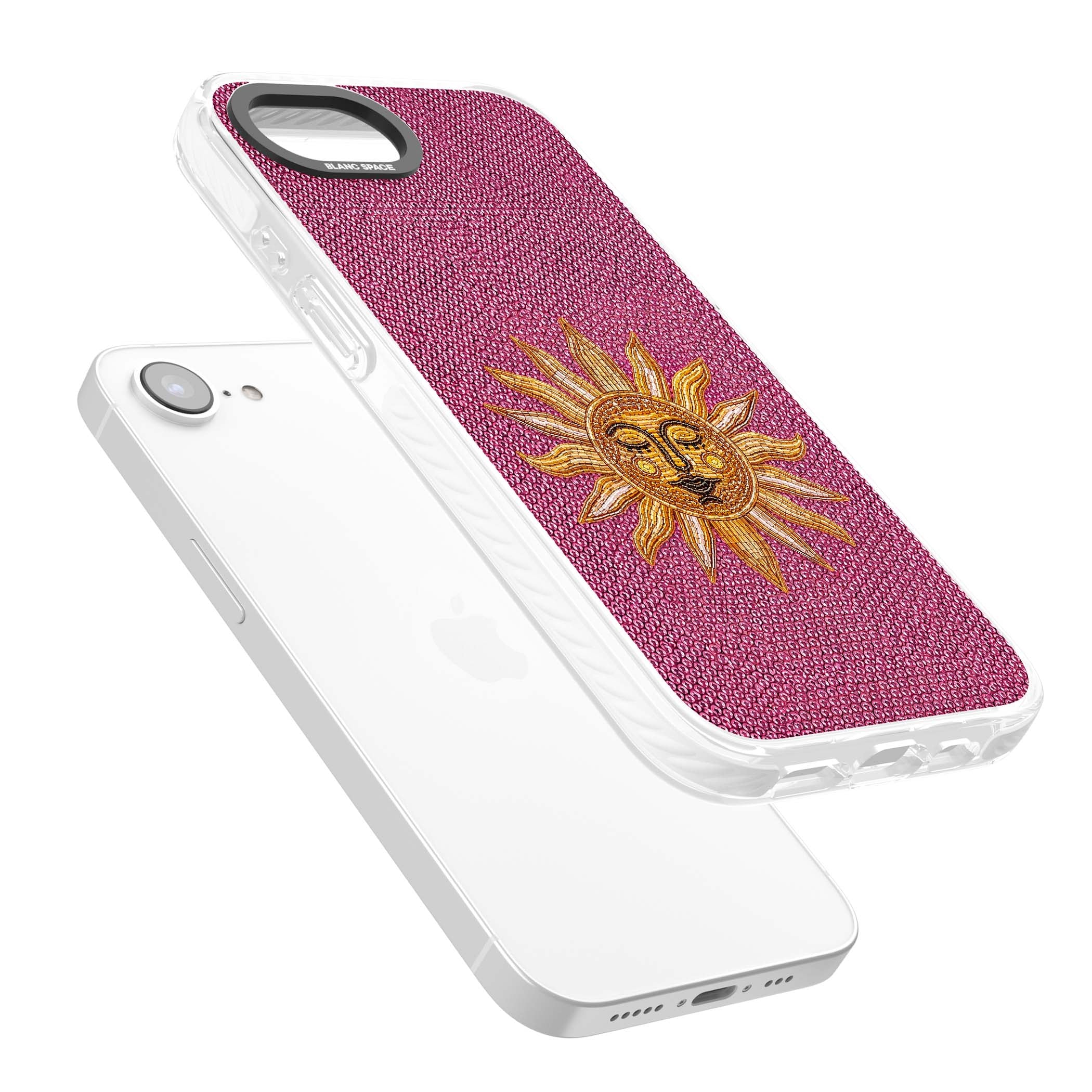 Beaded Sun celestial iPhone case featuring a golden beaded sun face with radiant rays on hot pink beaded background | Impact Magsafe case for iPhone 16e, iPhone 17e