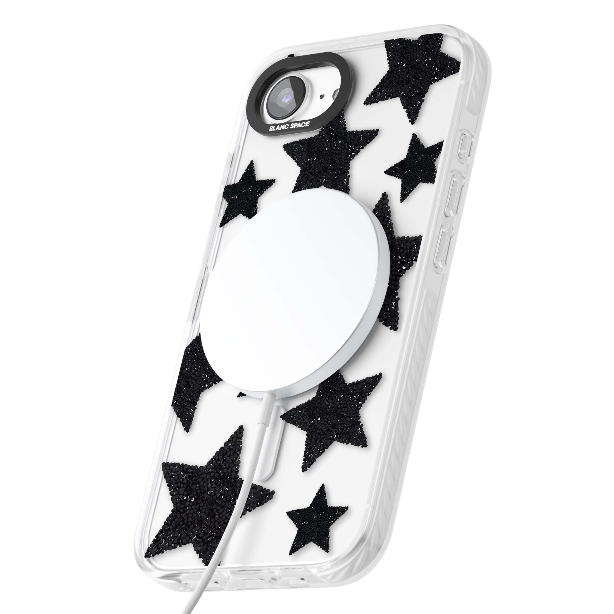 Beaded Black Stars celestial iPhone case featuring black glitter beaded stars scattered on a clear background | Impact Magsafe case for iPhone 16e, iPhone 17e