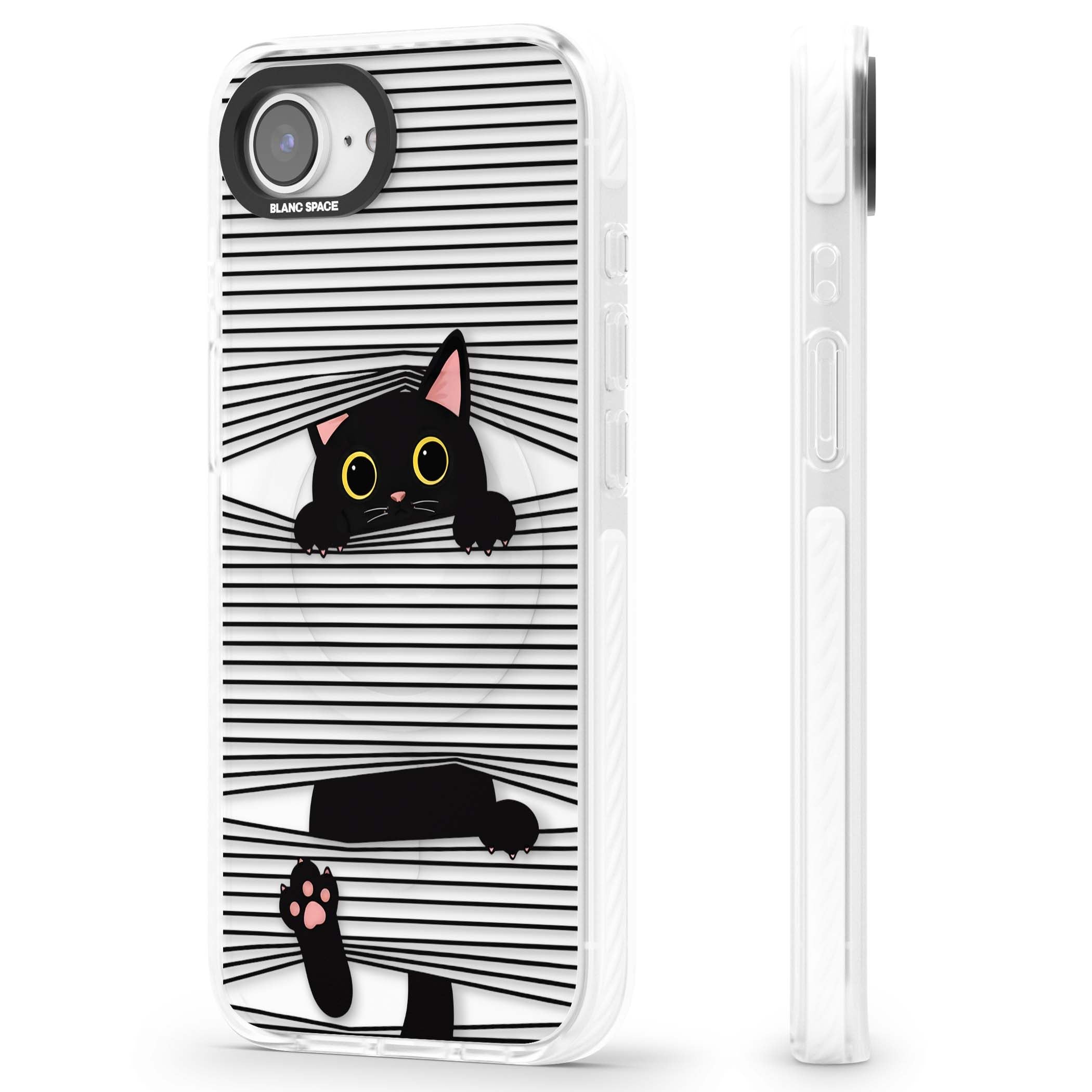 Peek-a-Boo Cat minimal iPhone case featuring black cat peeking through horizontal black and white stripes | Impact Magsafe case for iPhone 16e, iPhone 17e