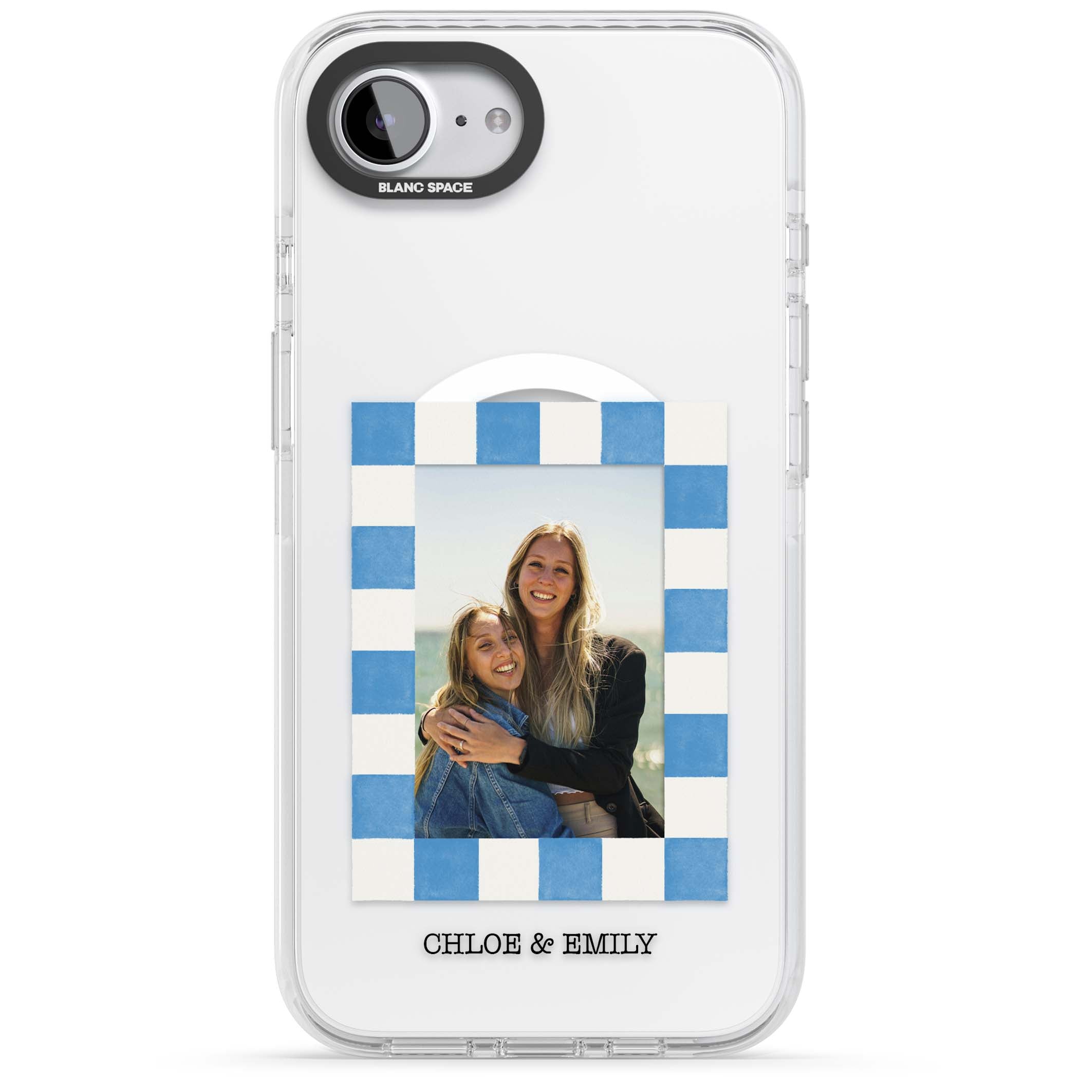 Blue Check Photo personalised photo iPhone case with blue checkered frame and custom couple names | Impact Magsafe case for iPhone 16e, iPhone 17e