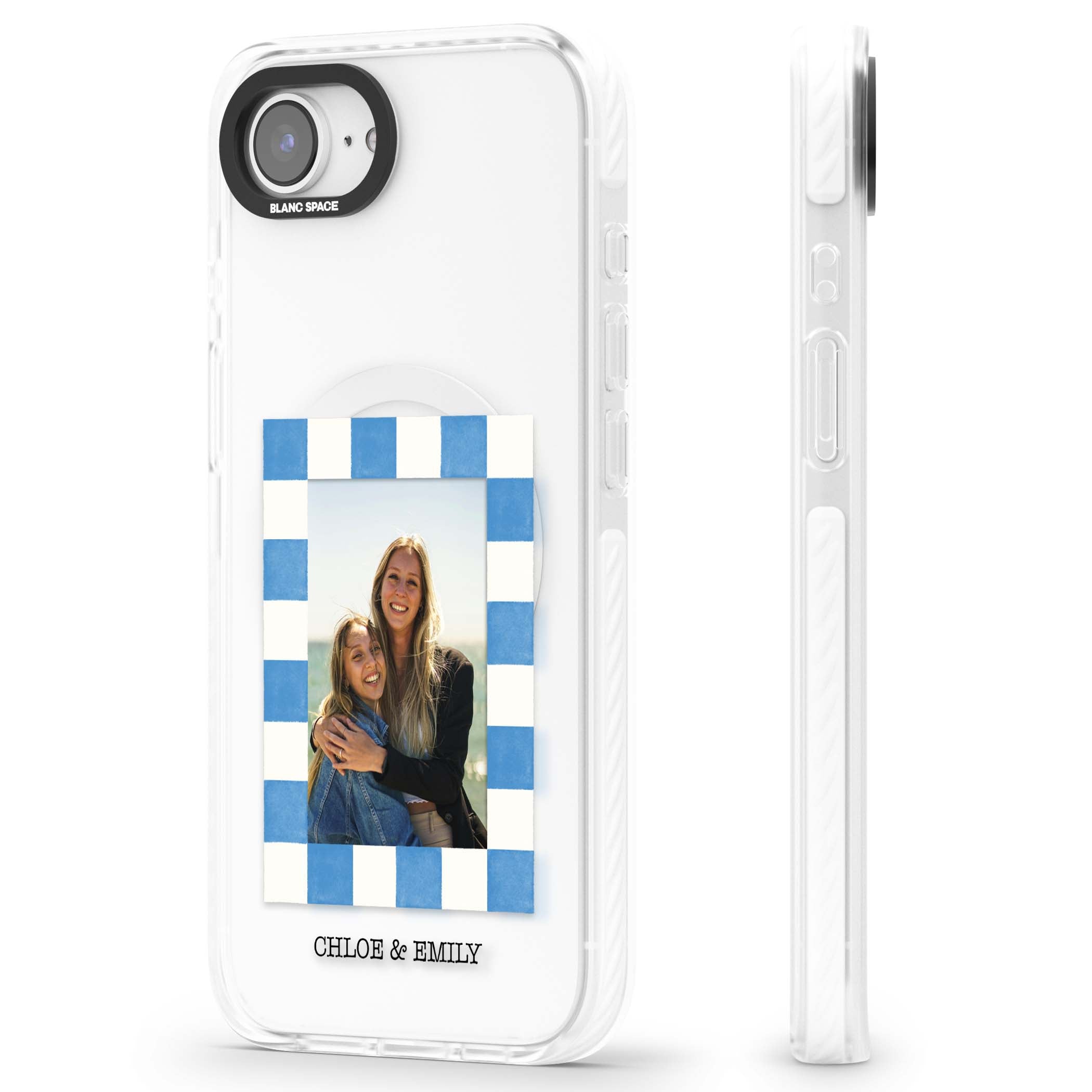 Blue Check Photo personalised photo iPhone case with blue checkered frame and custom couple names | Impact Magsafe case for iPhone 16e, iPhone 17e