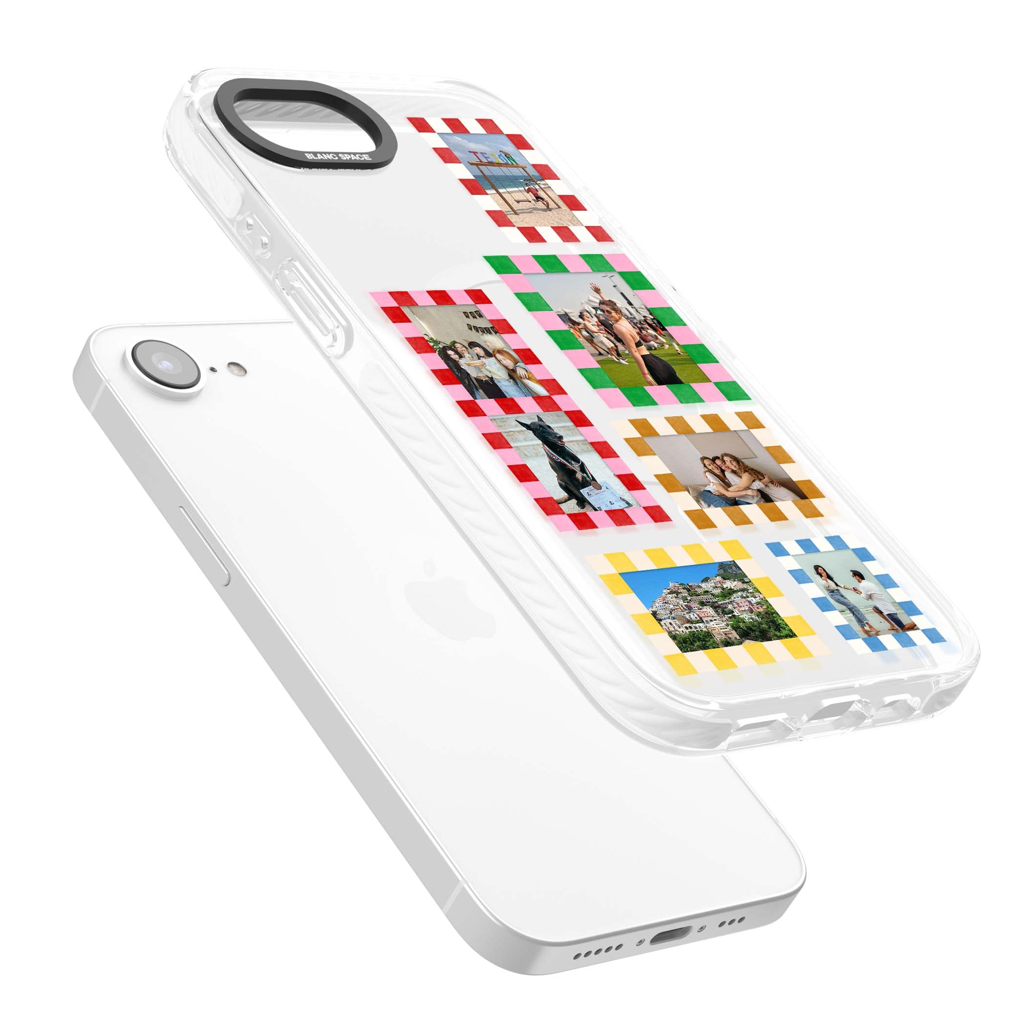Italian Check Frames custom photo collage iPhone case featuring six checkered photo frames in red, green, pink and  | Impact Magsafe case for iPhone 16e, iPhone 17e