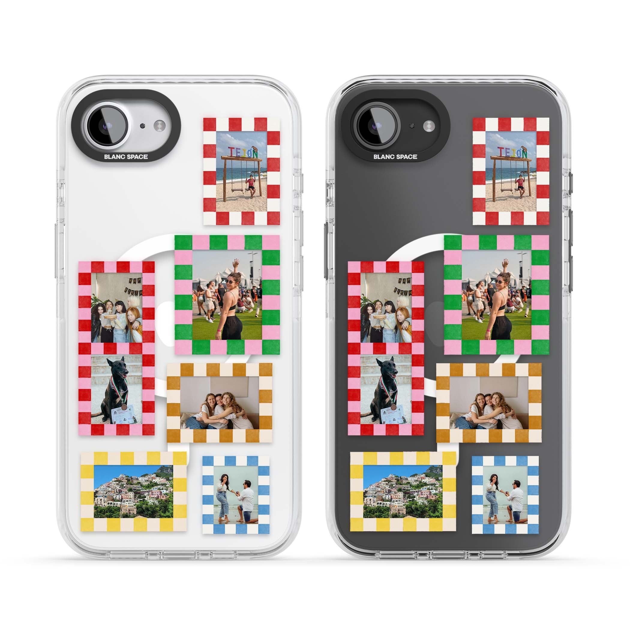 Italian Check Frames custom photo collage iPhone case featuring six checkered photo frames in red, green, pink and  | Impact Magsafe case for iPhone 16e, iPhone 17e