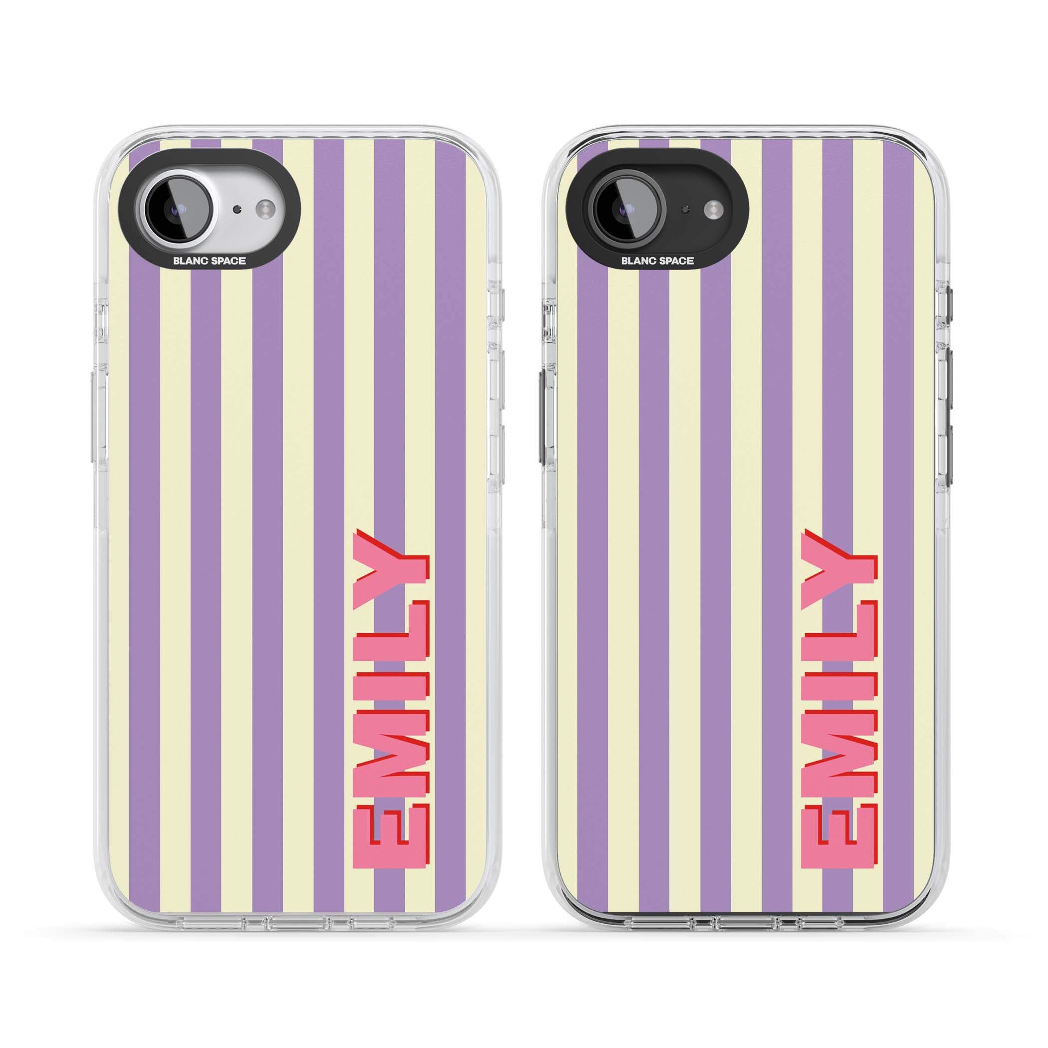 Valensole Stripe personalised iPhone case with purple and cream vertical stripes and pink custom name | Impact Magsafe case for iPhone 16e, iPhone 17e