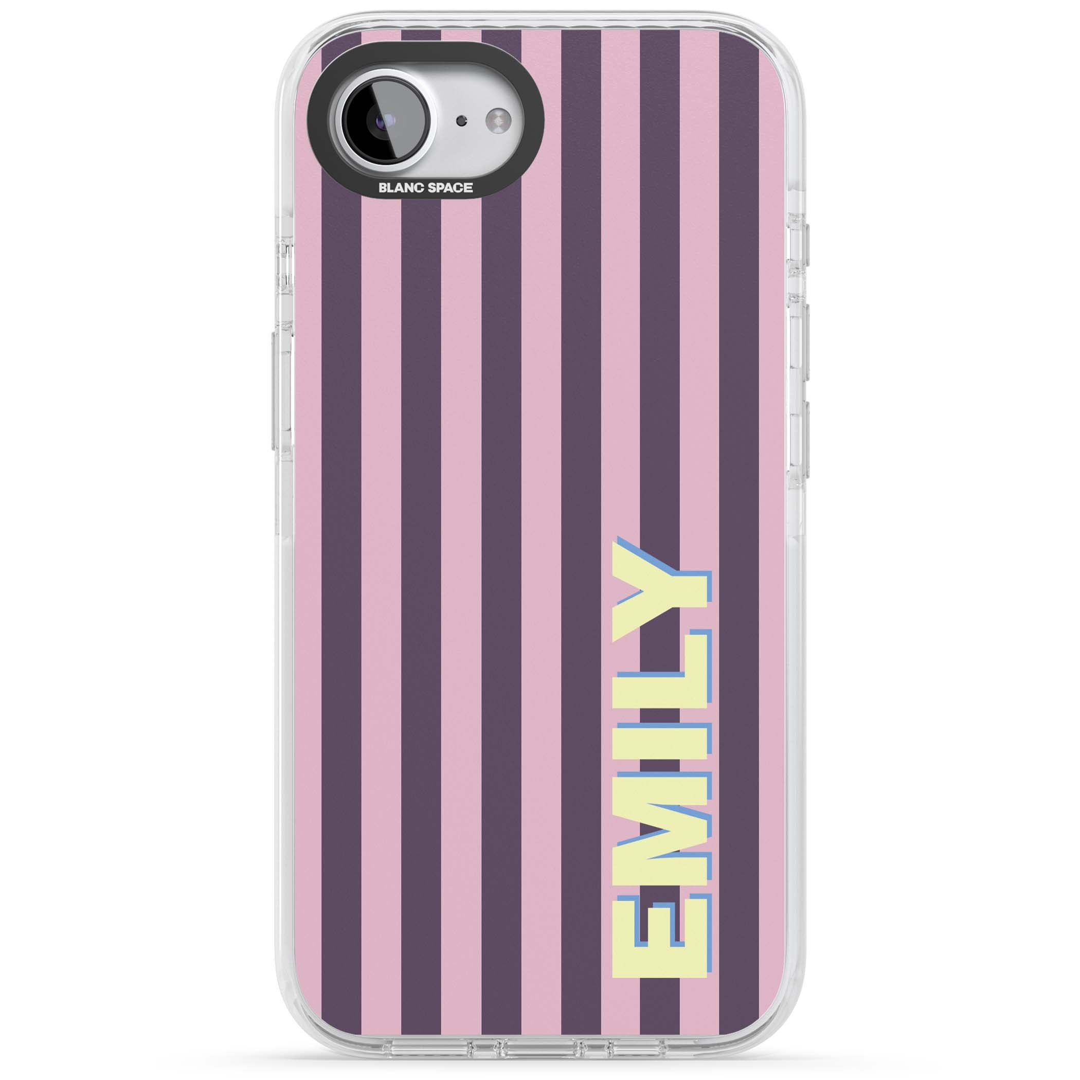 Tyre Stripe personalised stripe iPhone case with plum and pink vertical stripes and custom yellow name | Impact Magsafe case for iPhone 16e, iPhone 17e