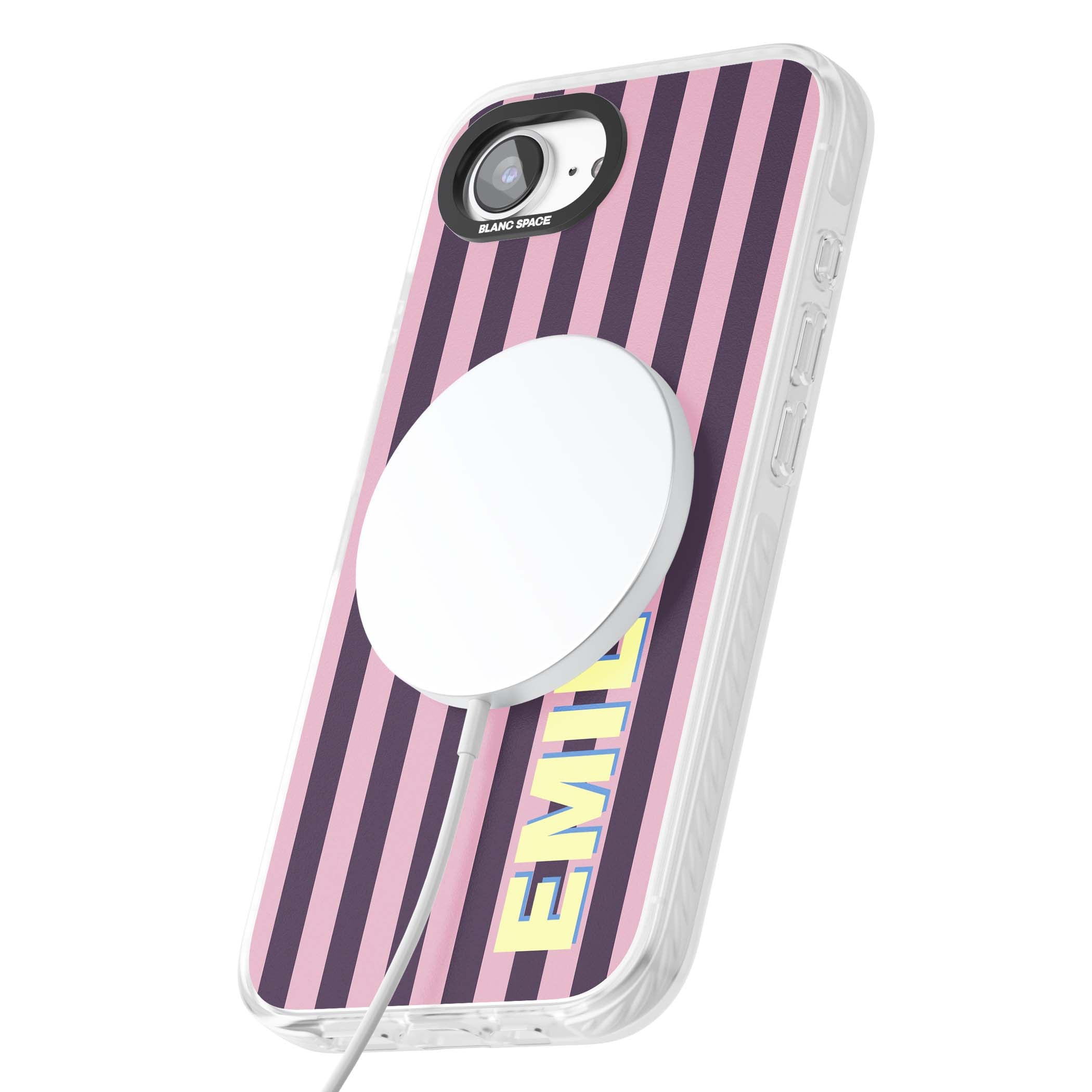 Tyre Stripe personalised stripe iPhone case with plum and pink vertical stripes and custom yellow name | Impact Magsafe case for iPhone 16e, iPhone 17e