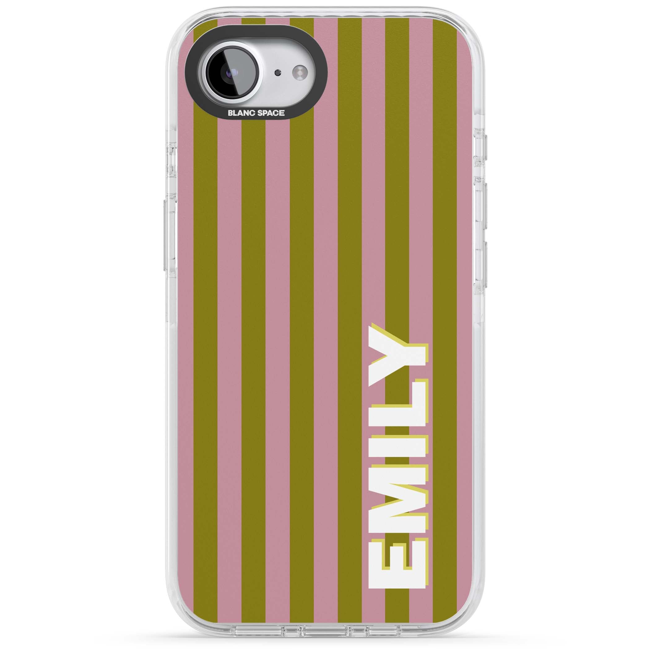 Istanbul Stripe personalised iPhone case featuring pink and olive green vertical stripes with a custom vertical name | Impact Magsafe case for iPhone 16e, iPhone 17e